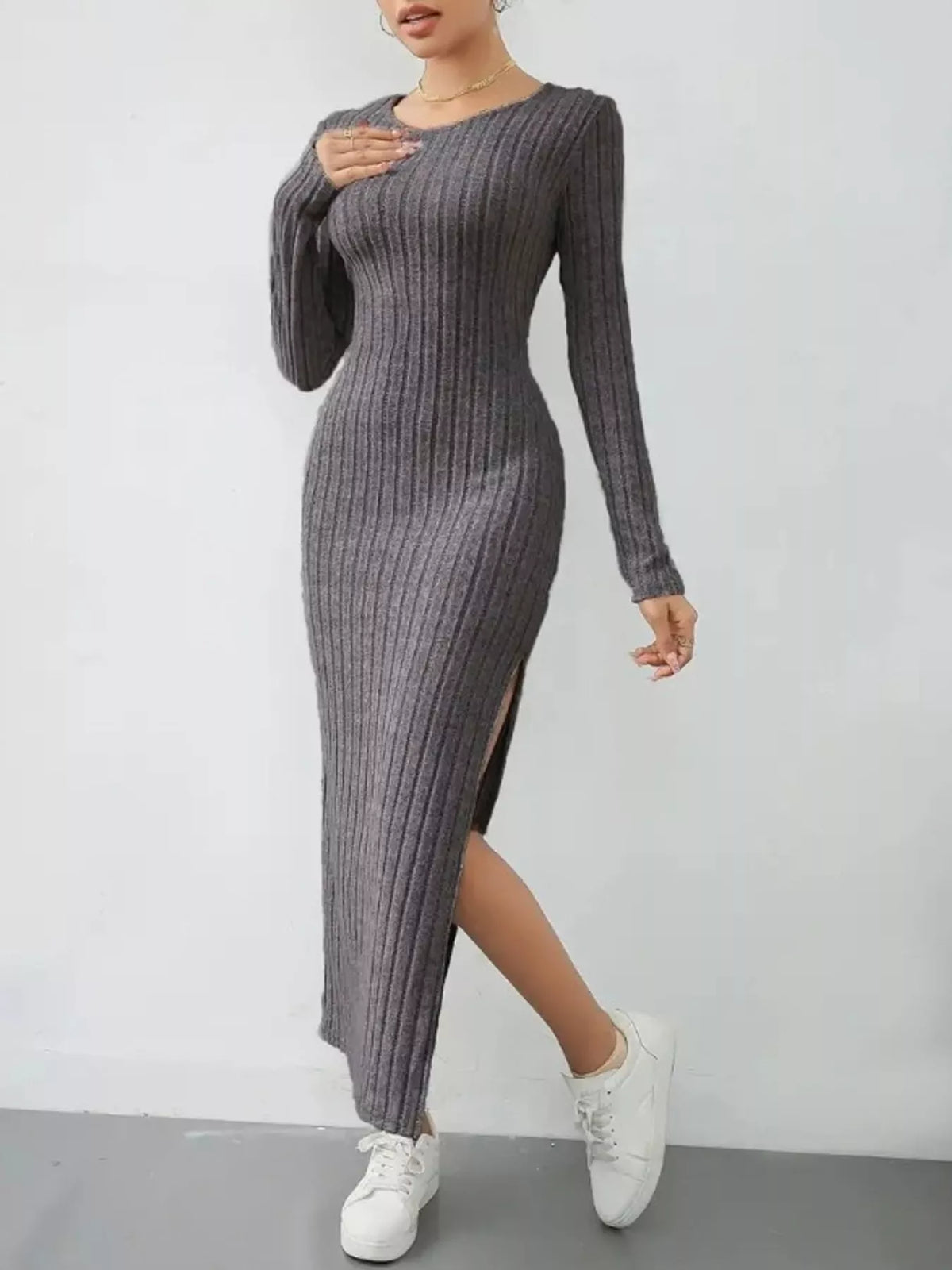 Dark Gray ribbed knit long-sleeve midi dress, angled front view with the slit open