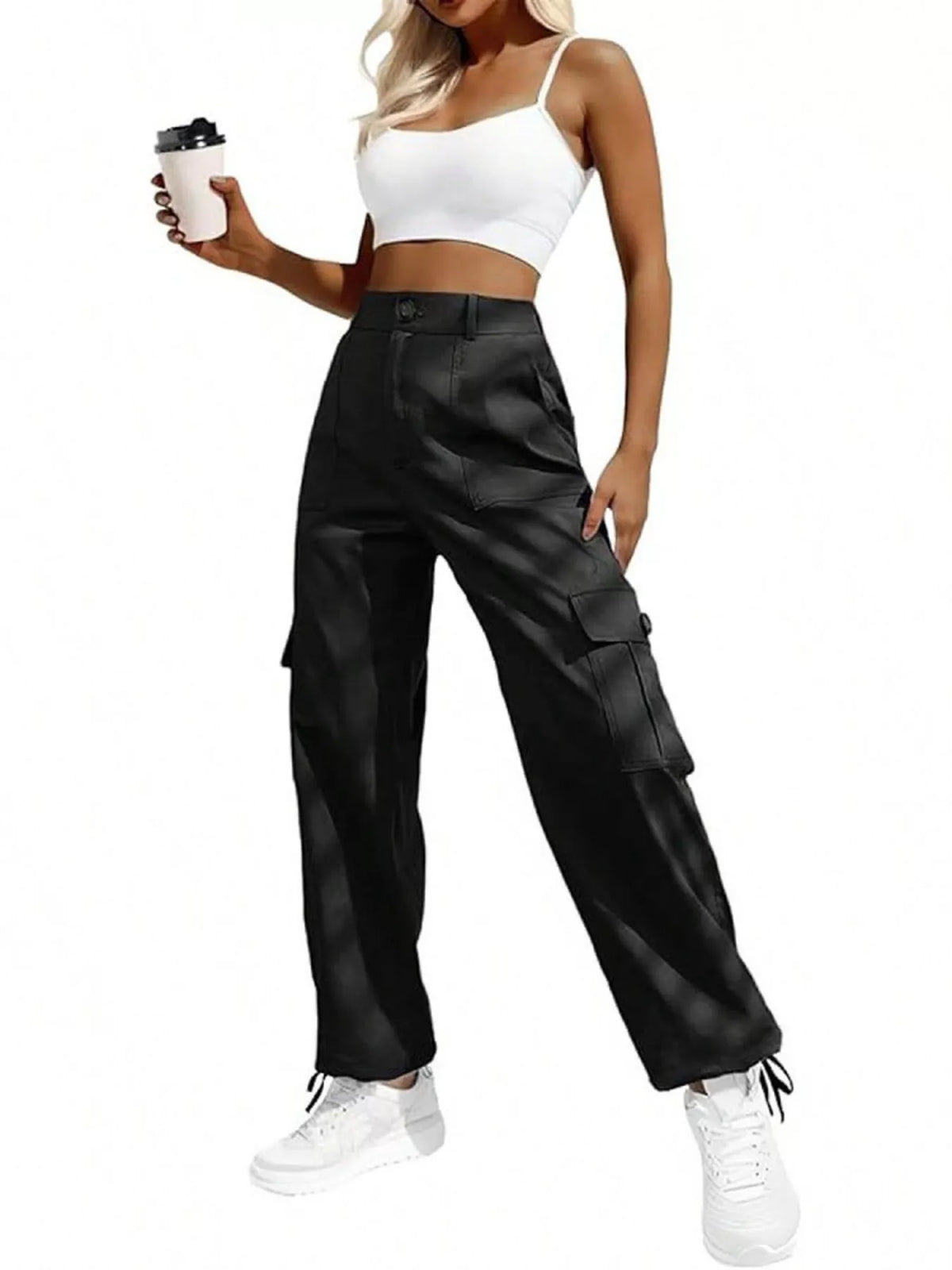 Black high-waist cargo pants with drawstring cuffs, front