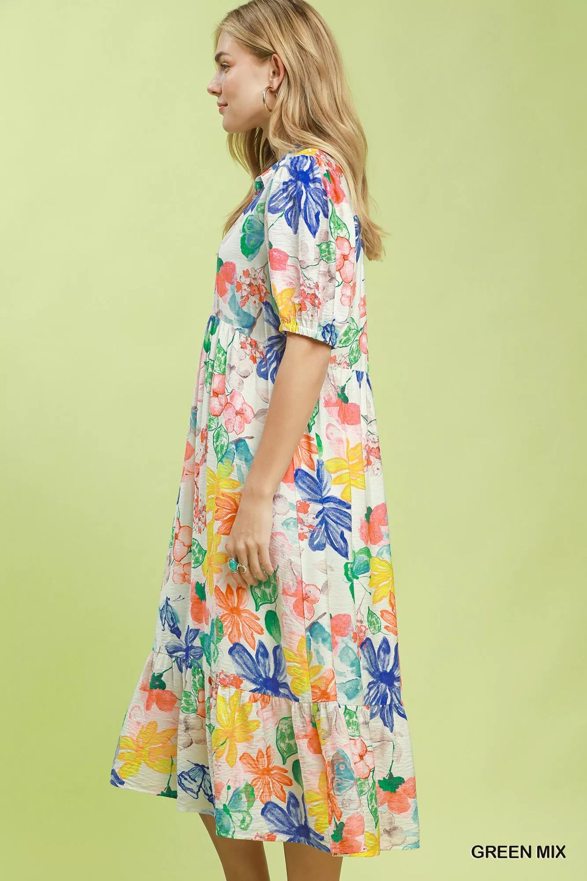 Green mix watercolour floral midi dress, split V-neck and soft collar detail