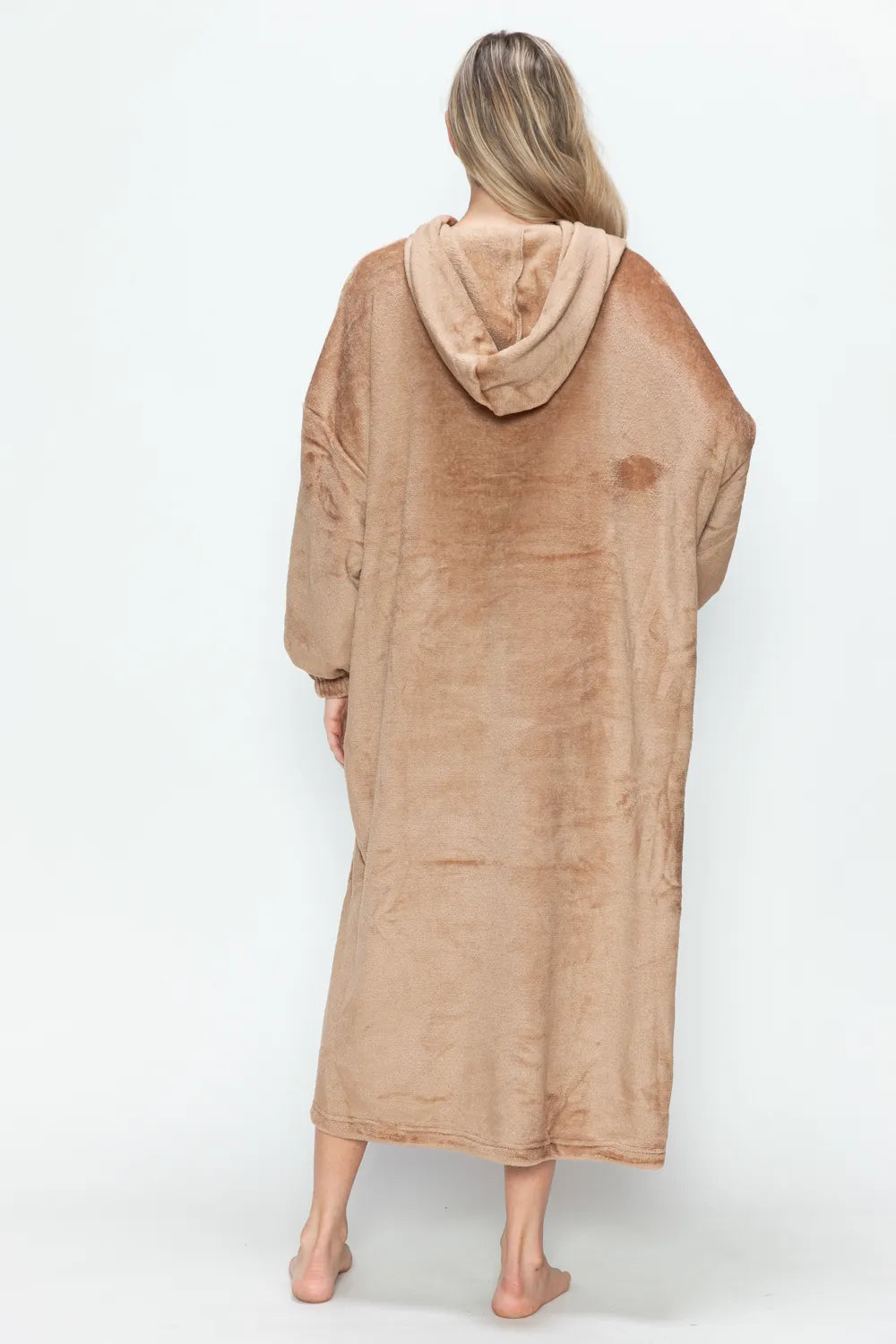 Back view of the mocha hooded midi lounge dress