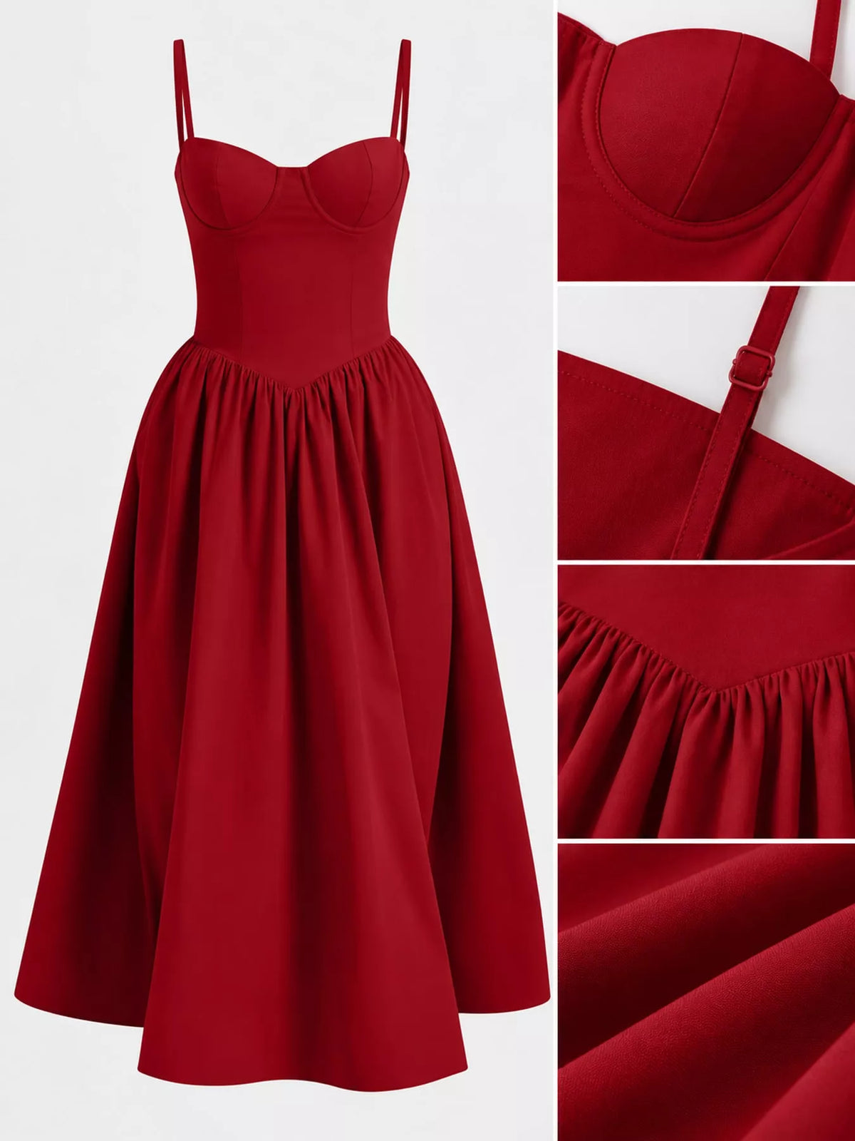 Red midi dress laid flat, with close views of the cups, strap slider, gathered V seam and fabric