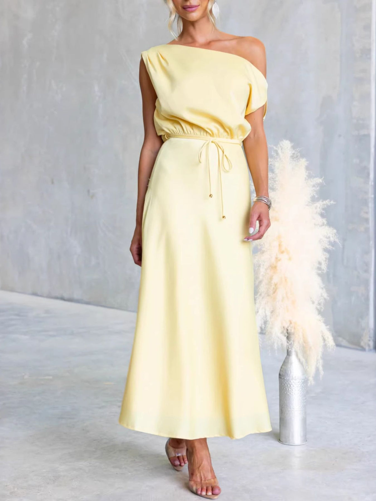 Yellow one-shoulder maxi dress, full-length front view