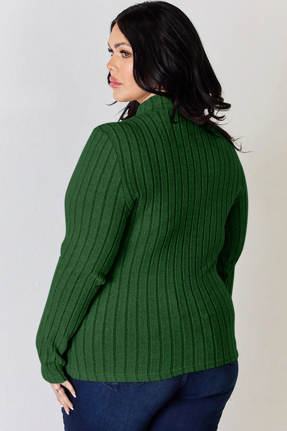 Back view of the Green ribbed mock neck long sleeve tee