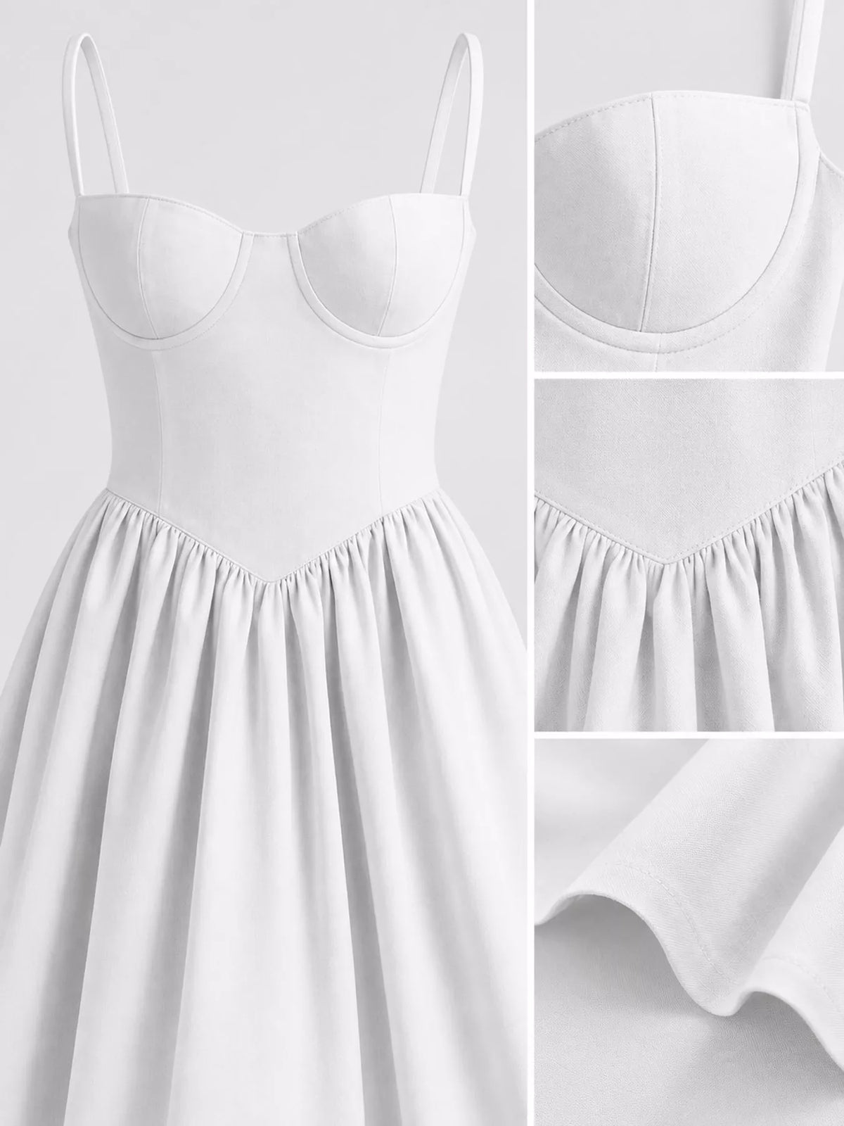 Close views of the White midi dress: seamed cups, gathered V-shaped waist seam and hem
