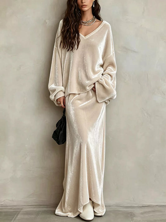 Beige velvet V-neck long sleeve top and maxi skirt two-piece set, full-length front view