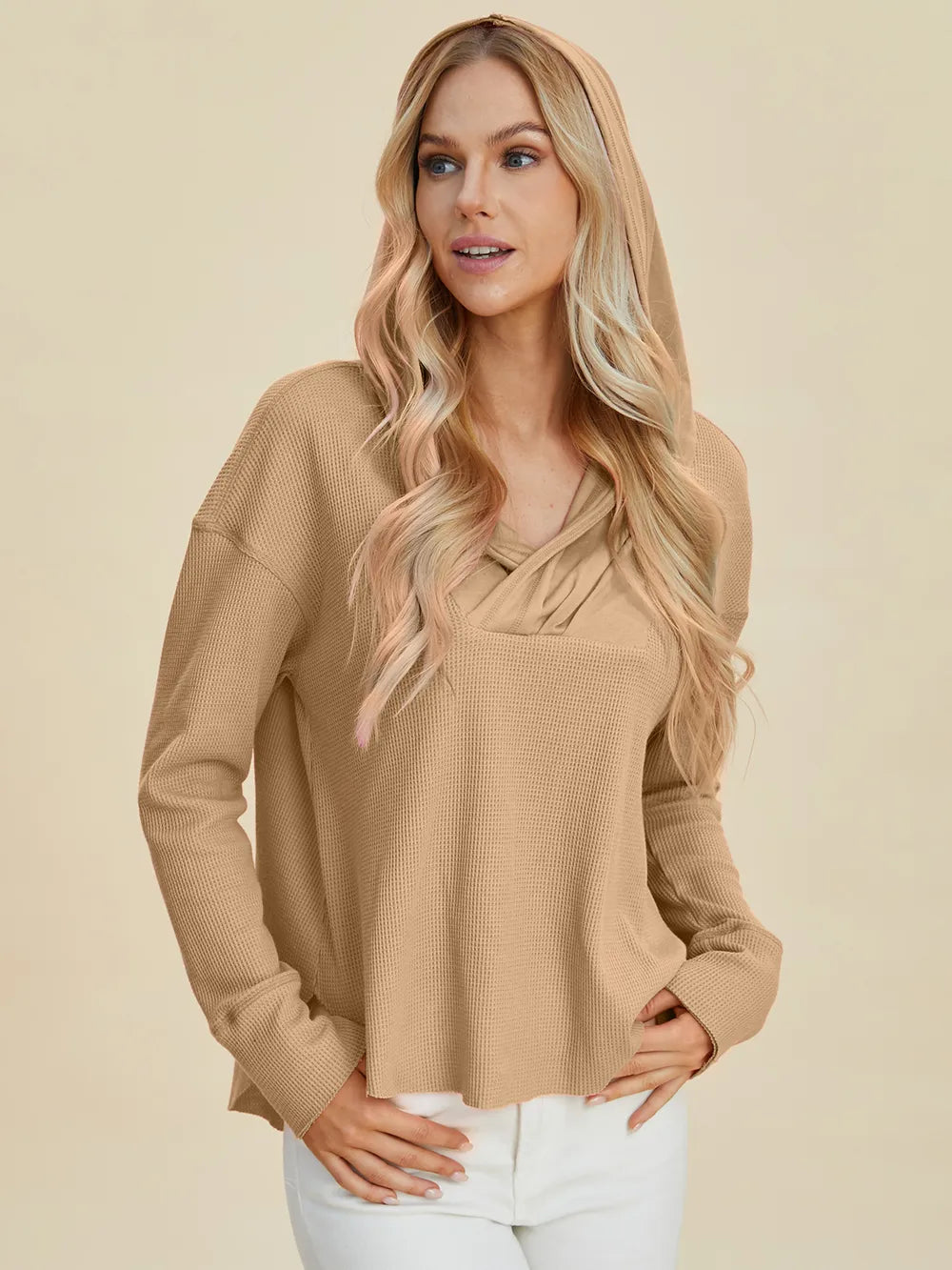 Camel hooded waffle-knit top with hood up, front