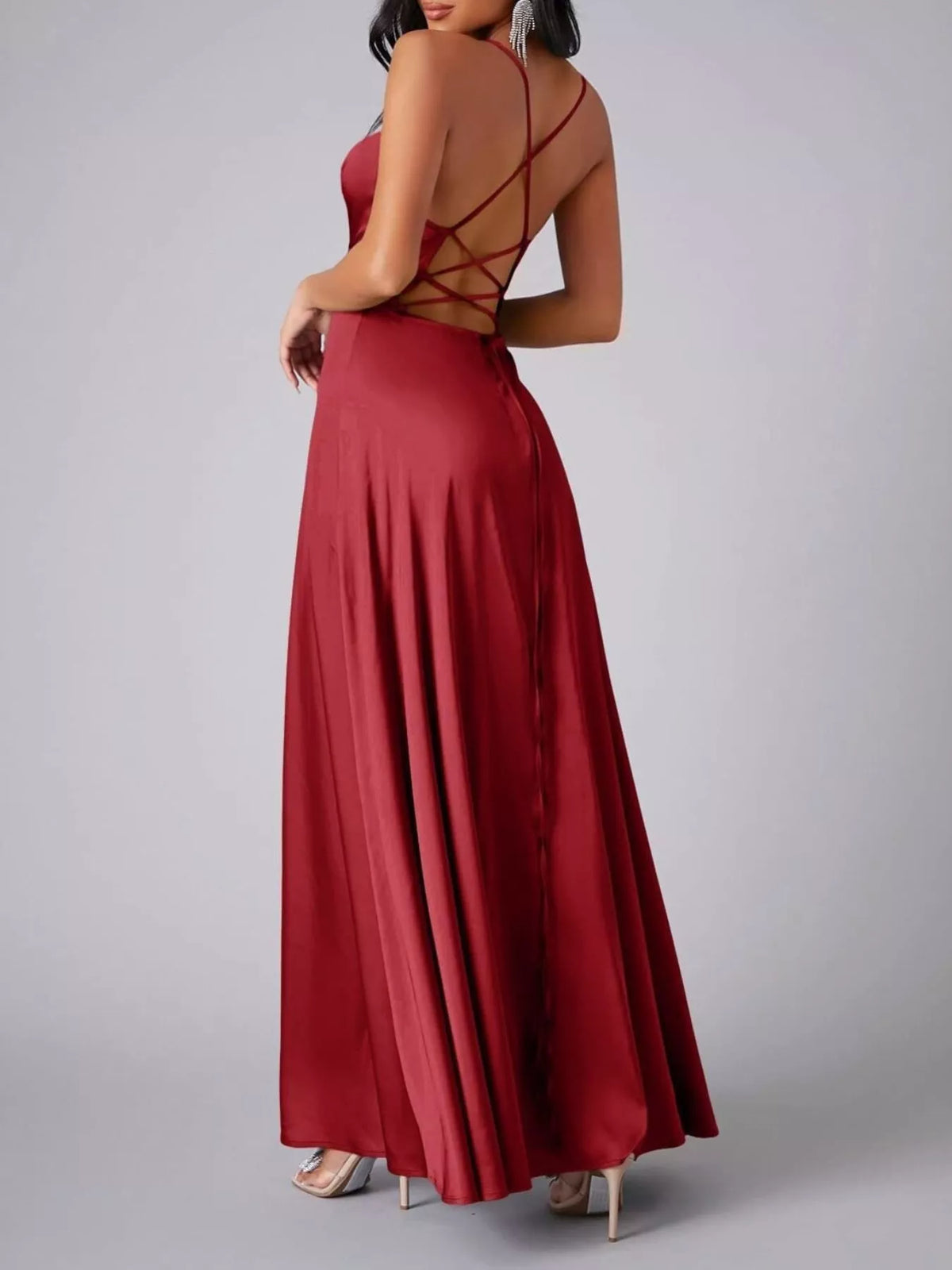 Red glossy cowl-neck maxi dress with crisscross lace-up back, back three-quarter view