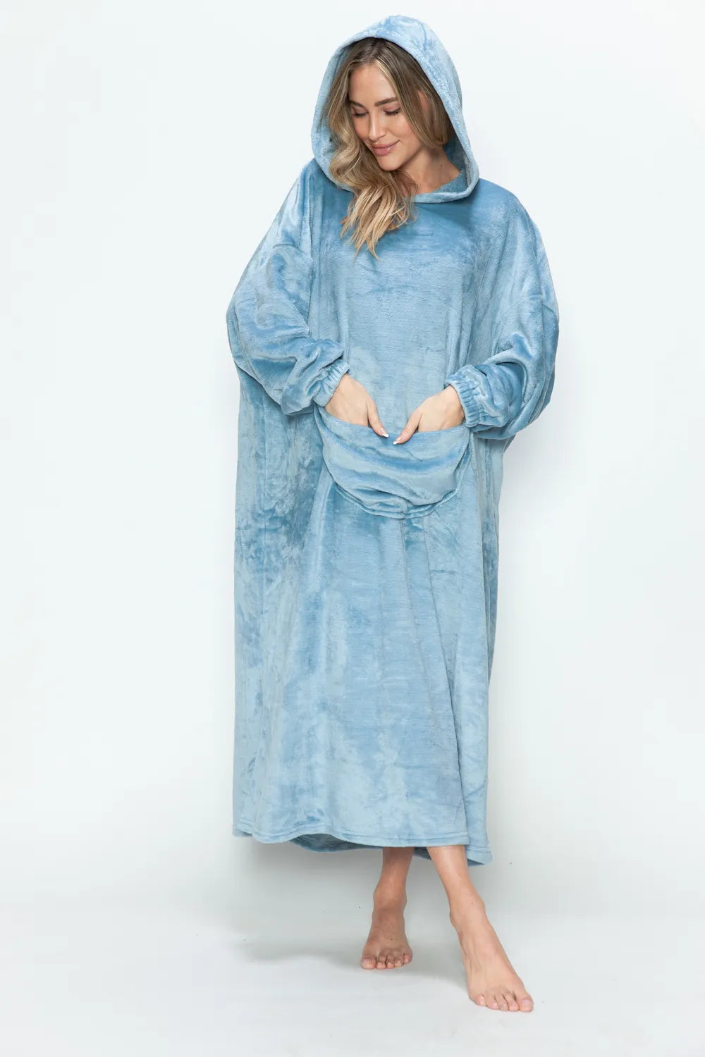 Pastel blue hooded midi lounge dress with hands in front pocket