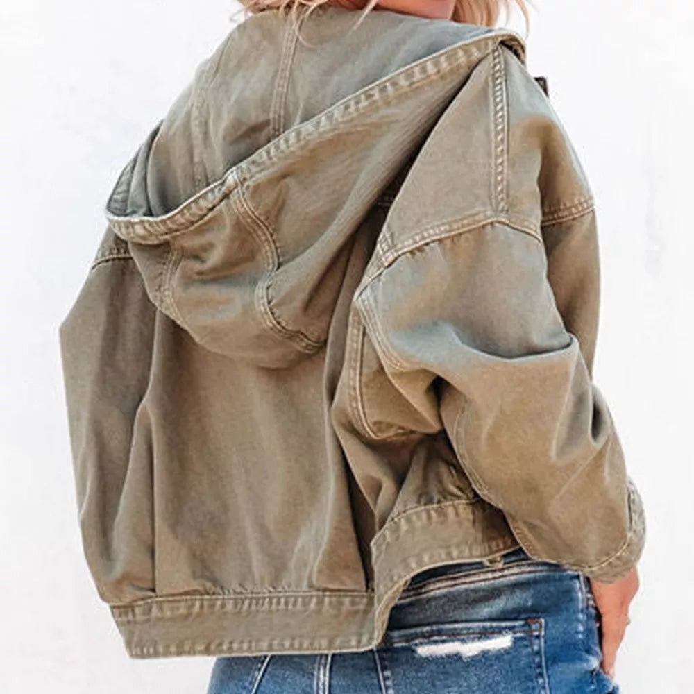 Camel hooded denim jacket, back view showing the hood and dropped shoulders