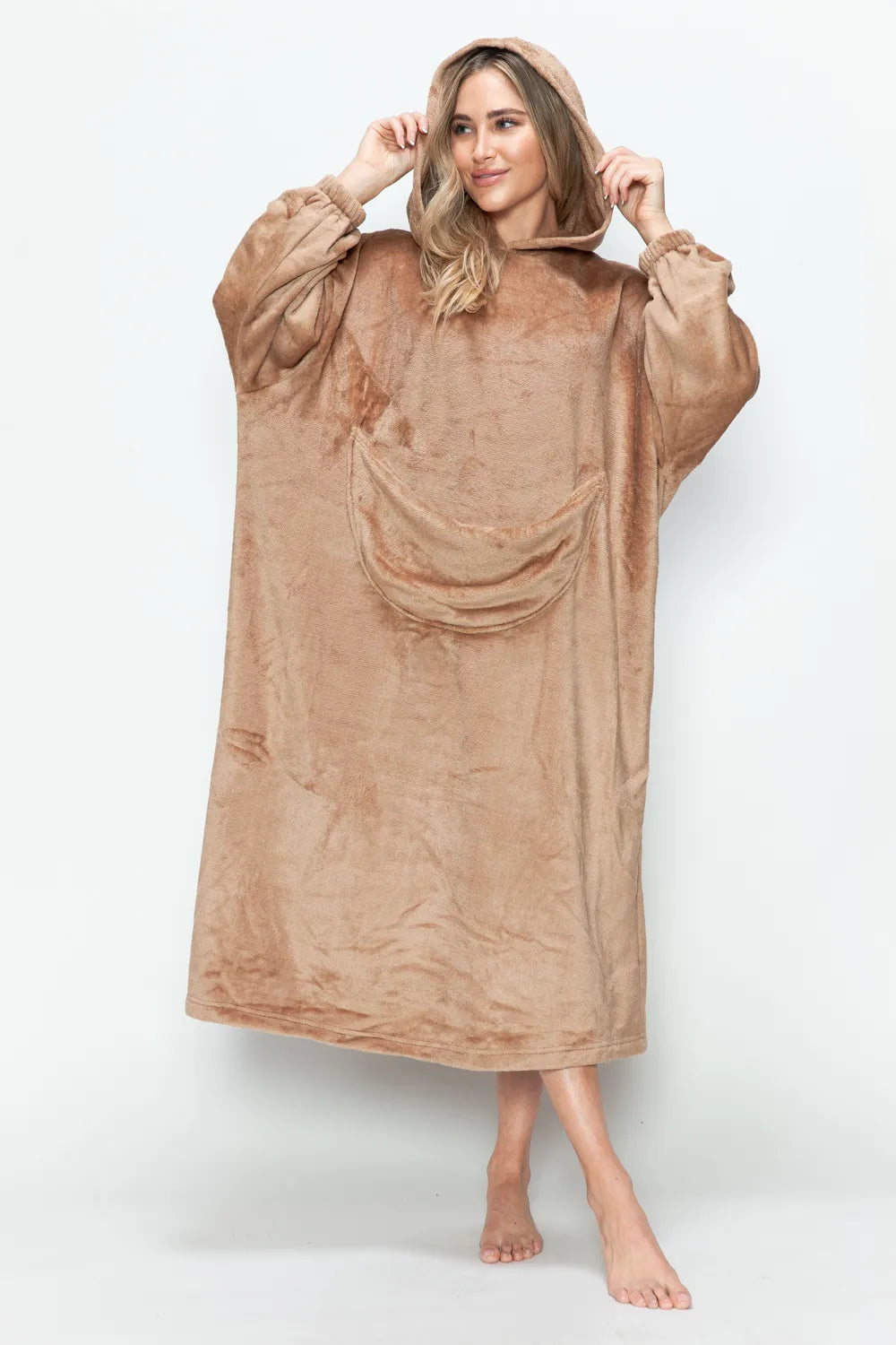 Mocha brown hooded midi lounge dress, hood up, front view