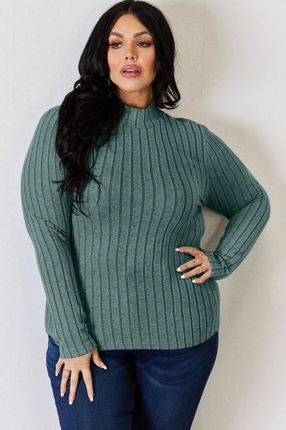 Ribbed mock neck long sleeve tee in Turquoise, a muted teal-green, front view