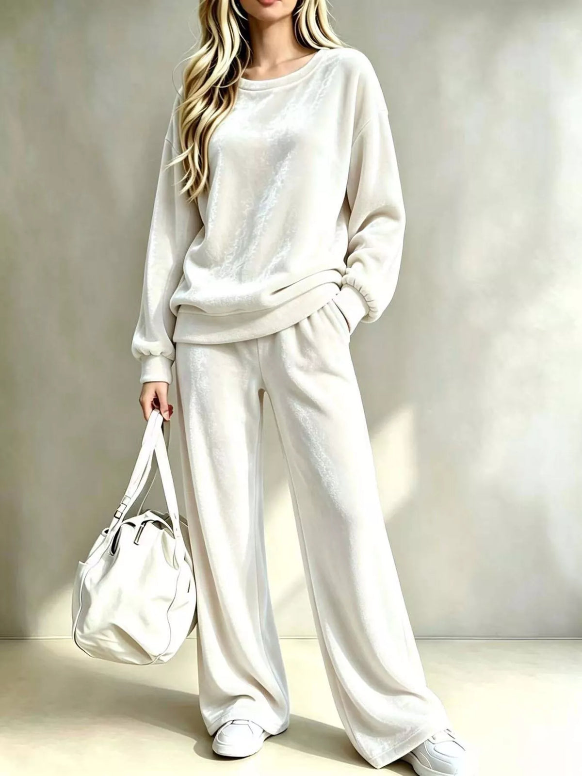 Ivory-white velvet crew neck top and wide-leg pants set, front view