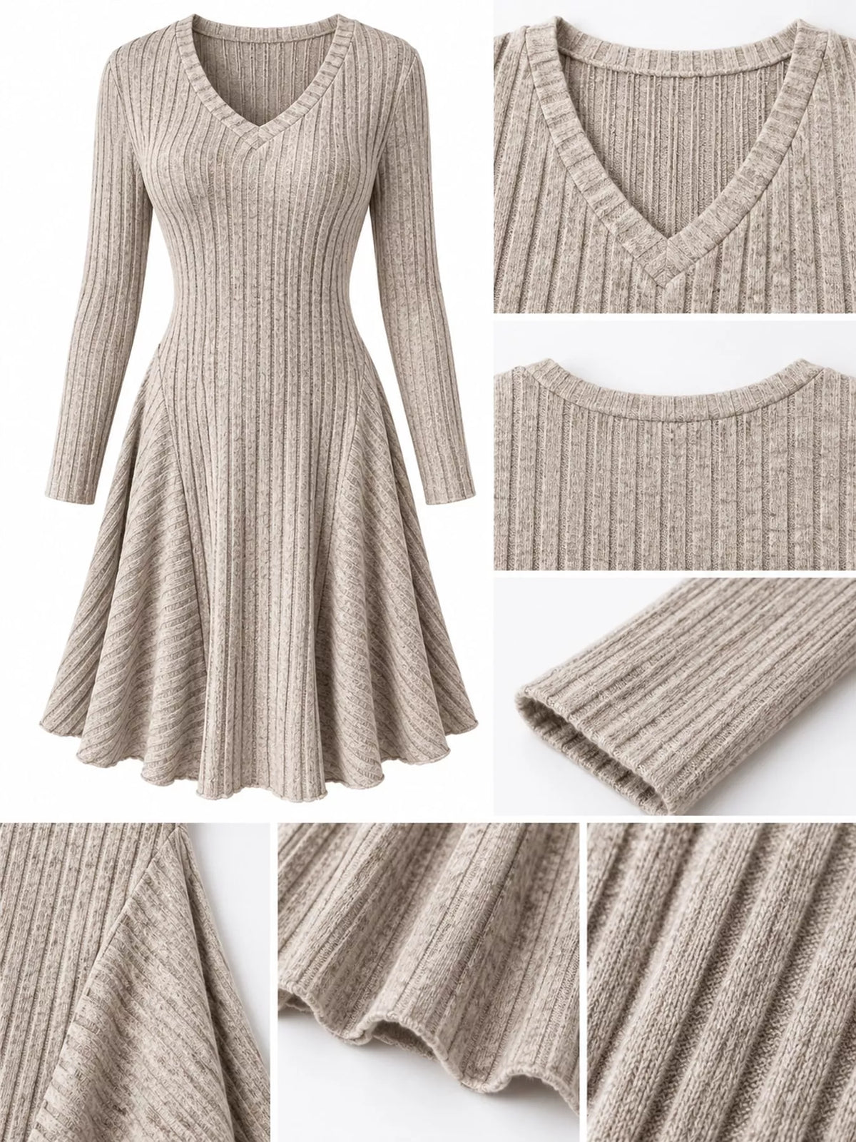 Apricot ribbed knit dress laid out with close-ups of the V-neckline, round back neckline, sleeve cuff and rib fabric