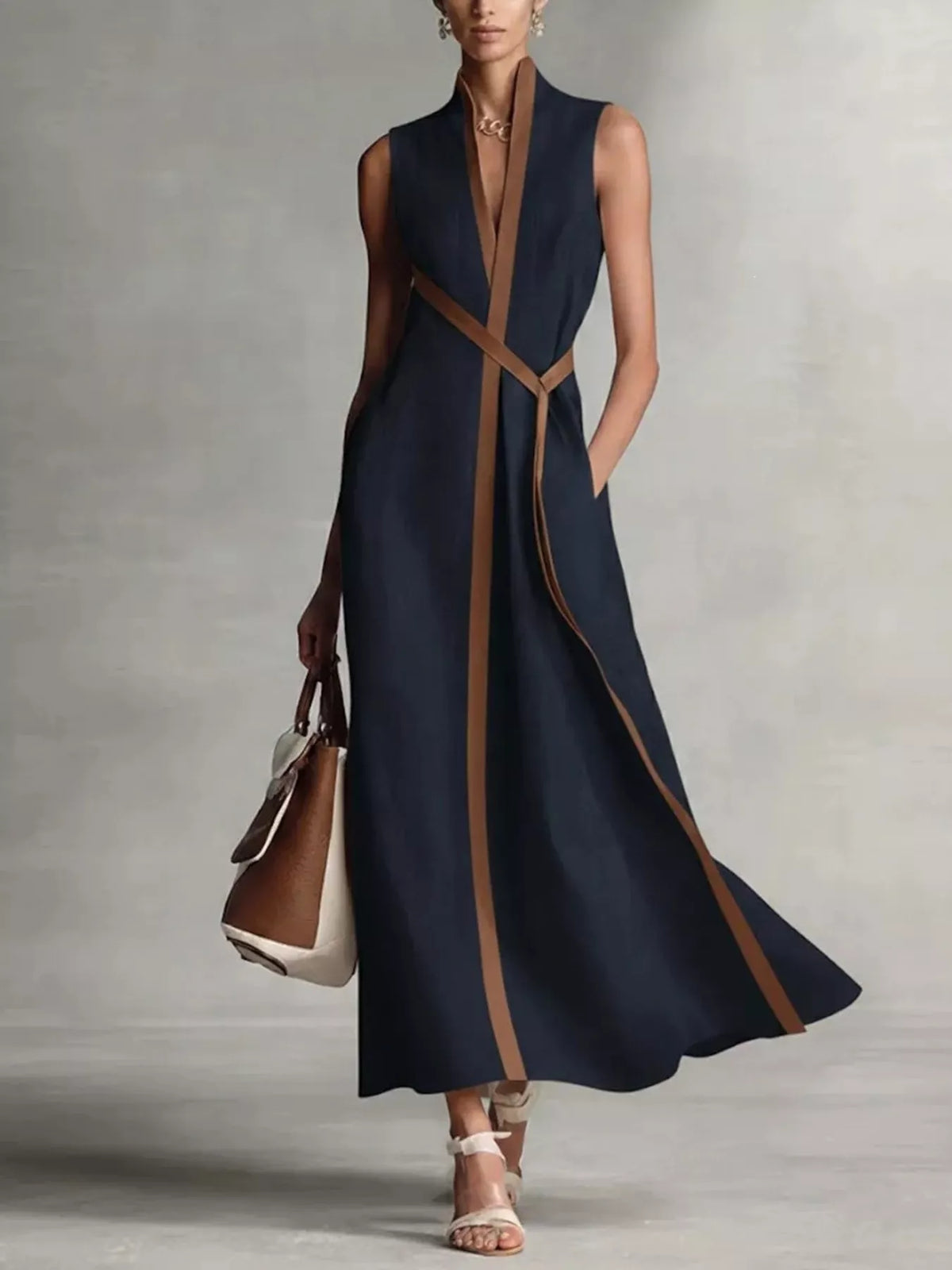 Dark Blue sleeveless wrap maxi dress with brown contrast trim along the collar and front edge and a tie belt, full-length front view
