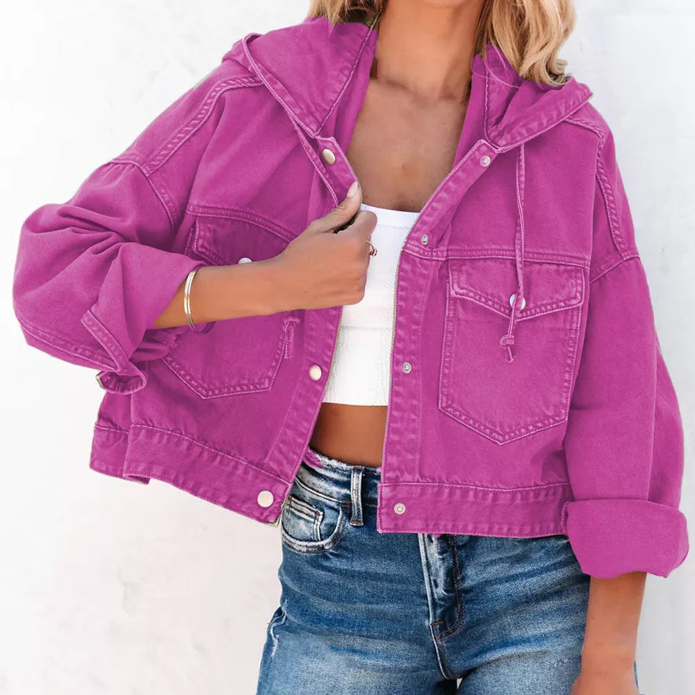 Fuchsia hooded denim jacket, front view with drawstring hood and button front