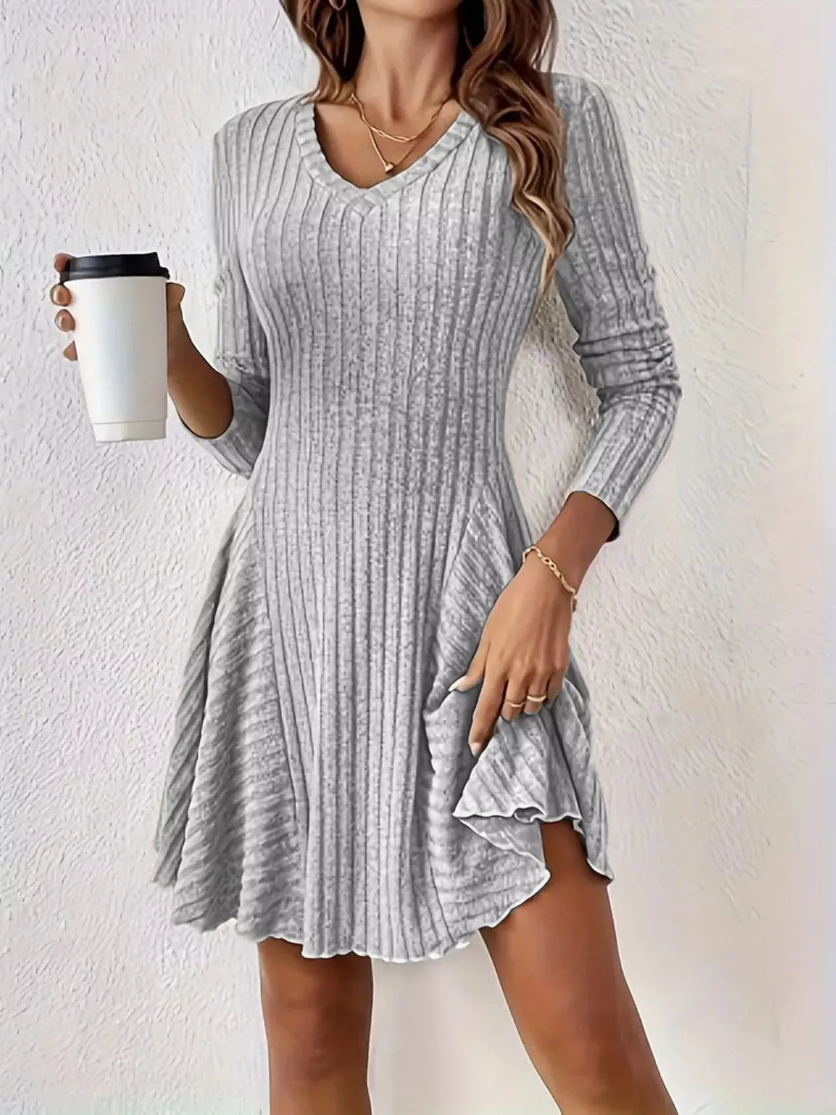 Light Gray ribbed knit long-sleeve flared dress with a V-neckline, front view