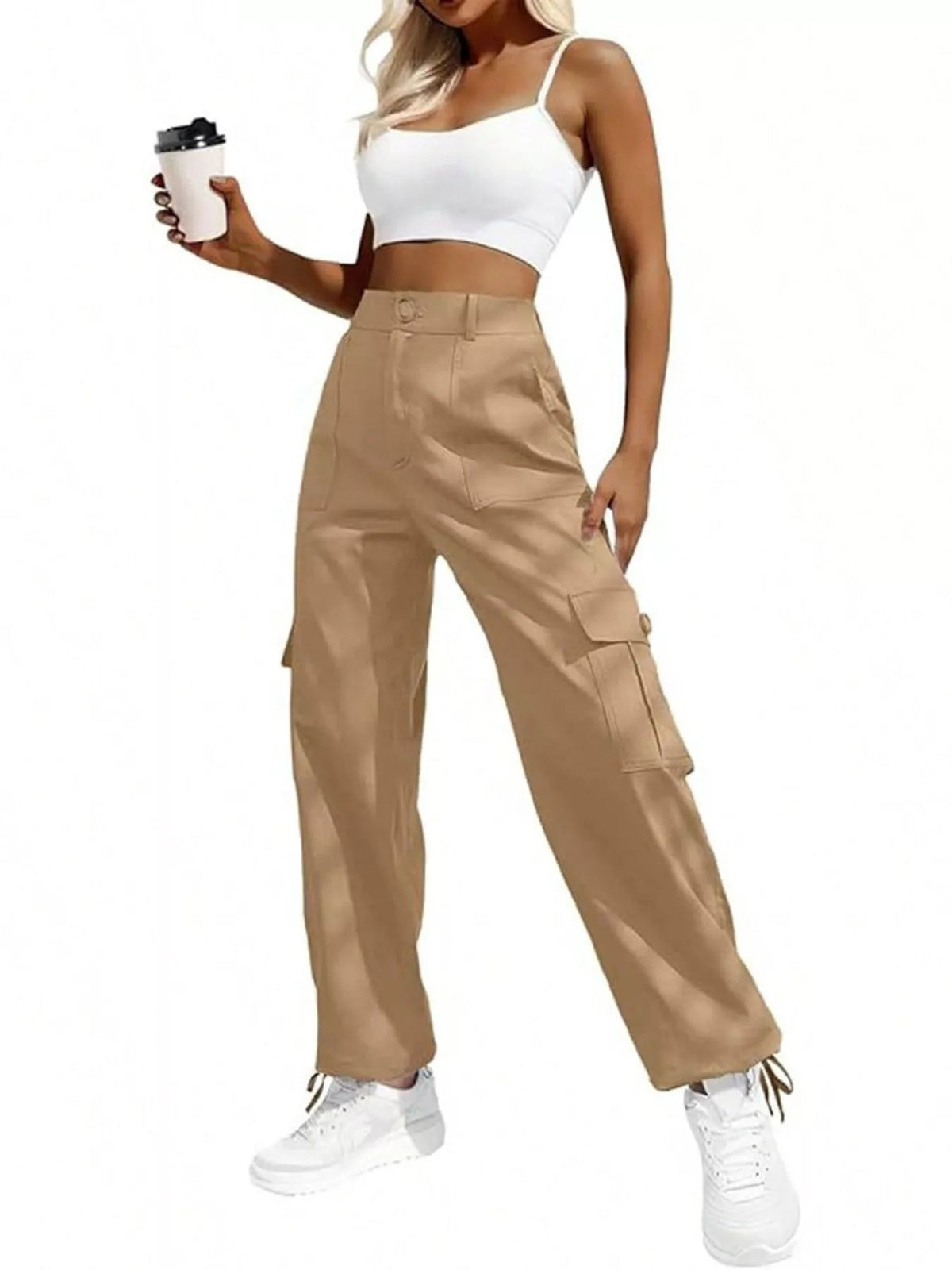 Khaki cargo pants, front