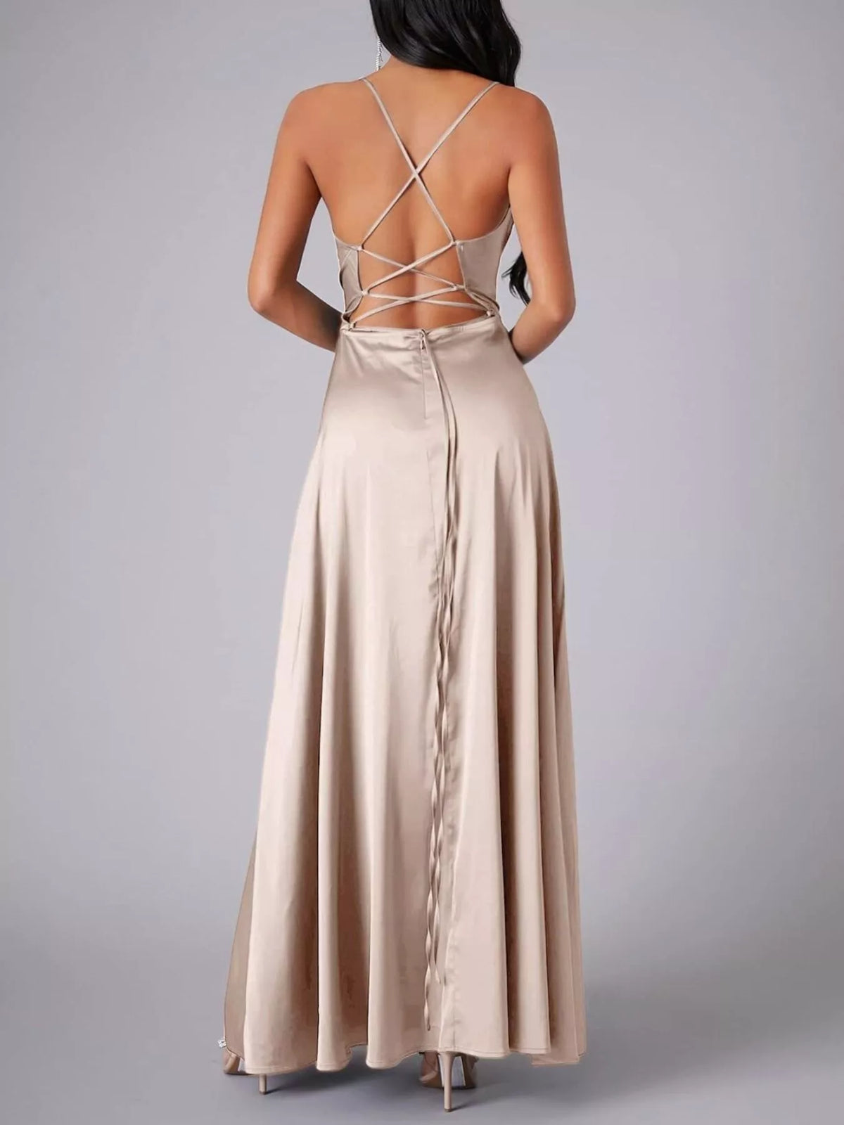 Khaki glossy cowl-neck maxi dress, back view showing the lace-up back and back zip