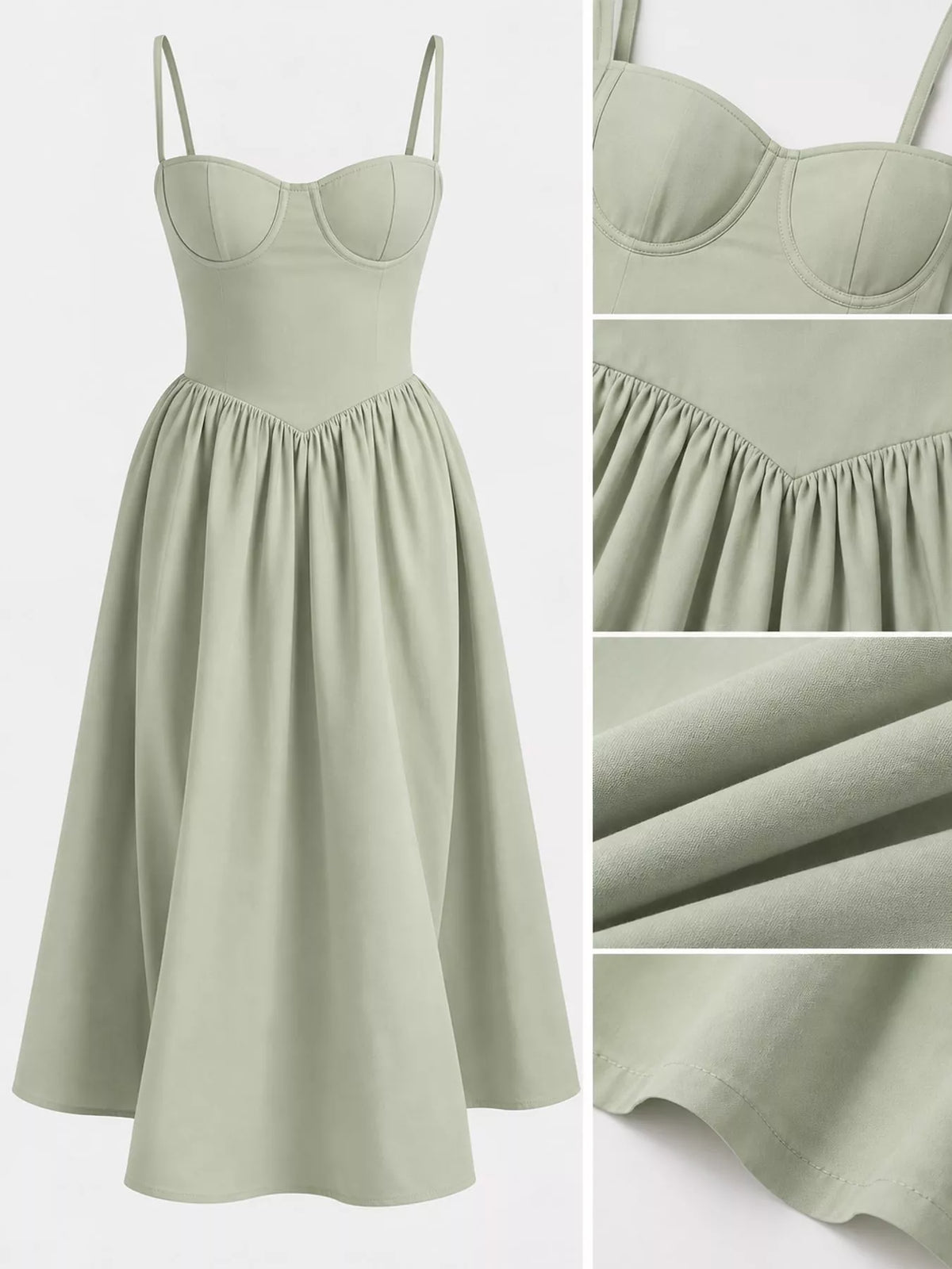 Light Green midi dress laid flat, with close views of the cups, gathered V seam, fabric and hem