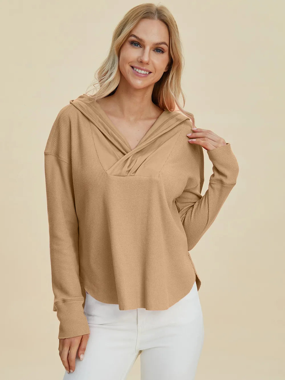 Camel waffle-knit hoodie with crossover neckline, front