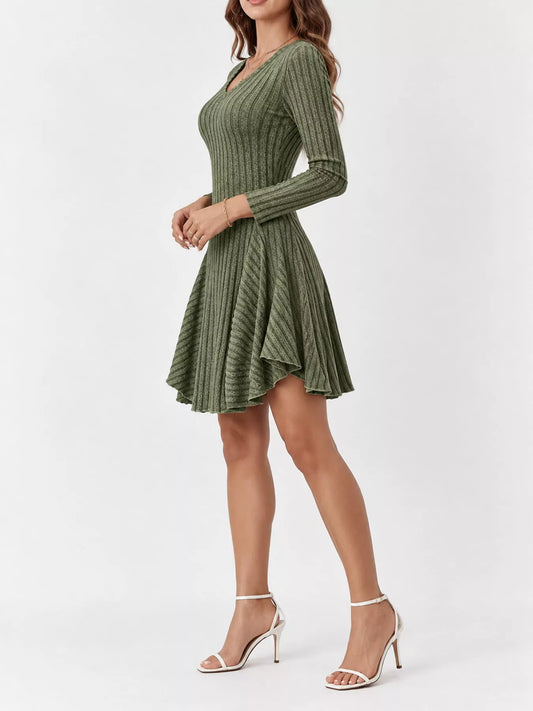 Olive ribbed knit long-sleeve flared mini dress with a V-neckline, side view