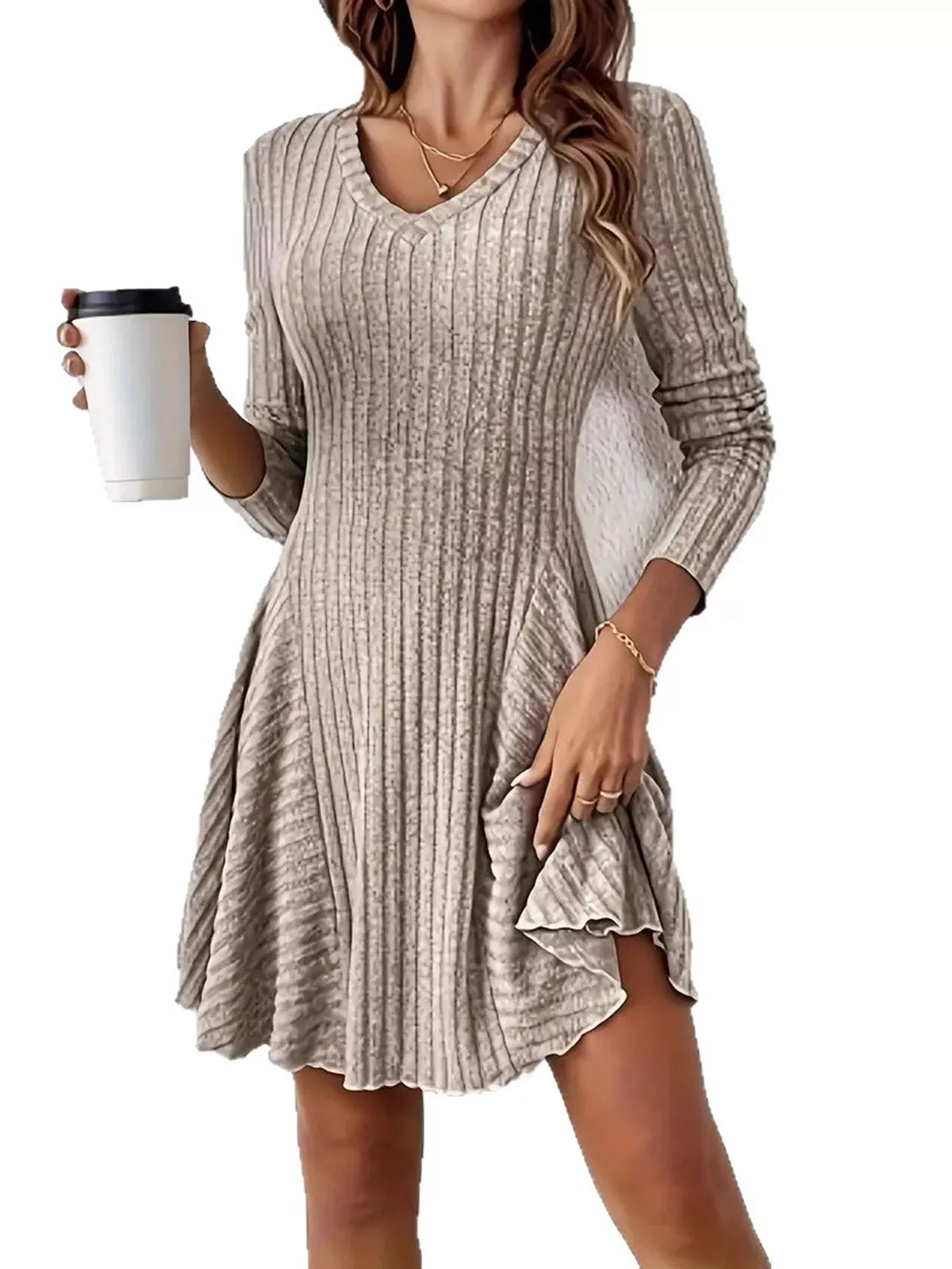 Apricot ribbed knit long-sleeve flared dress with a V-neckline, front view
