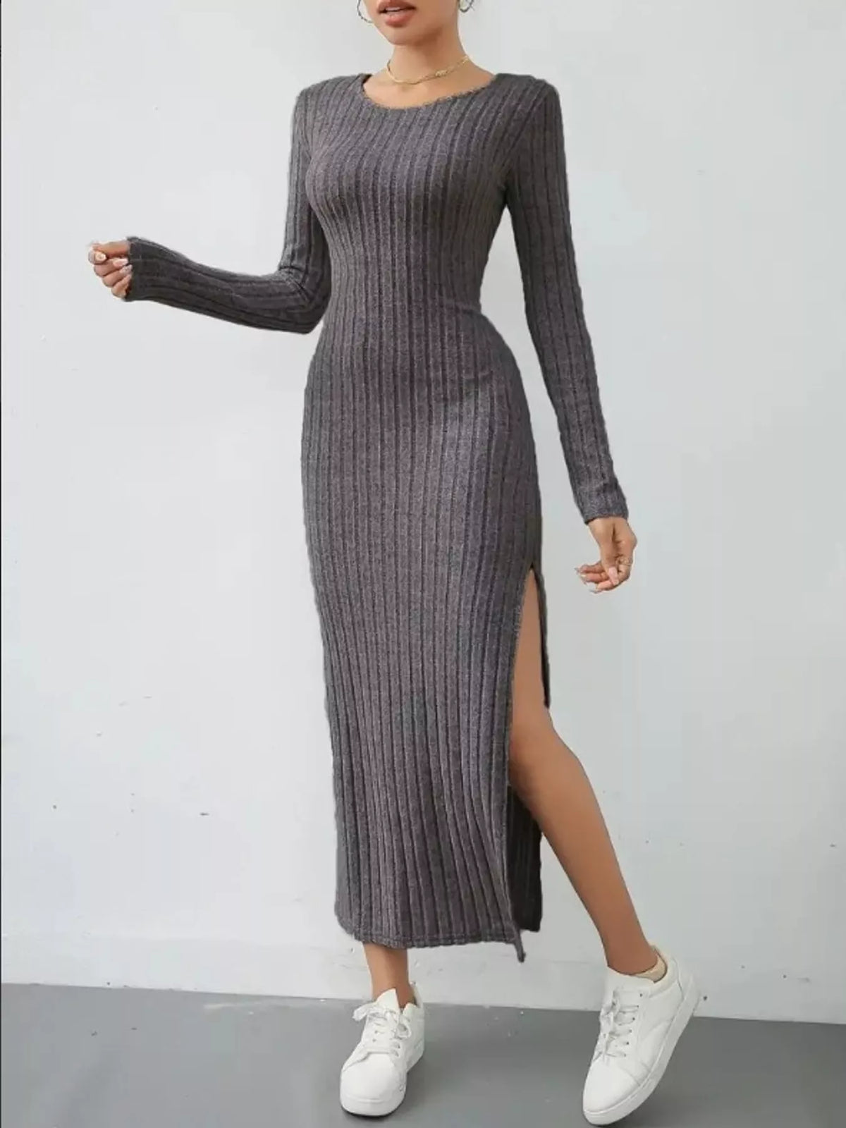 Dark Gray ribbed knit long-sleeve midi dress with a high side slit, front view with one arm out