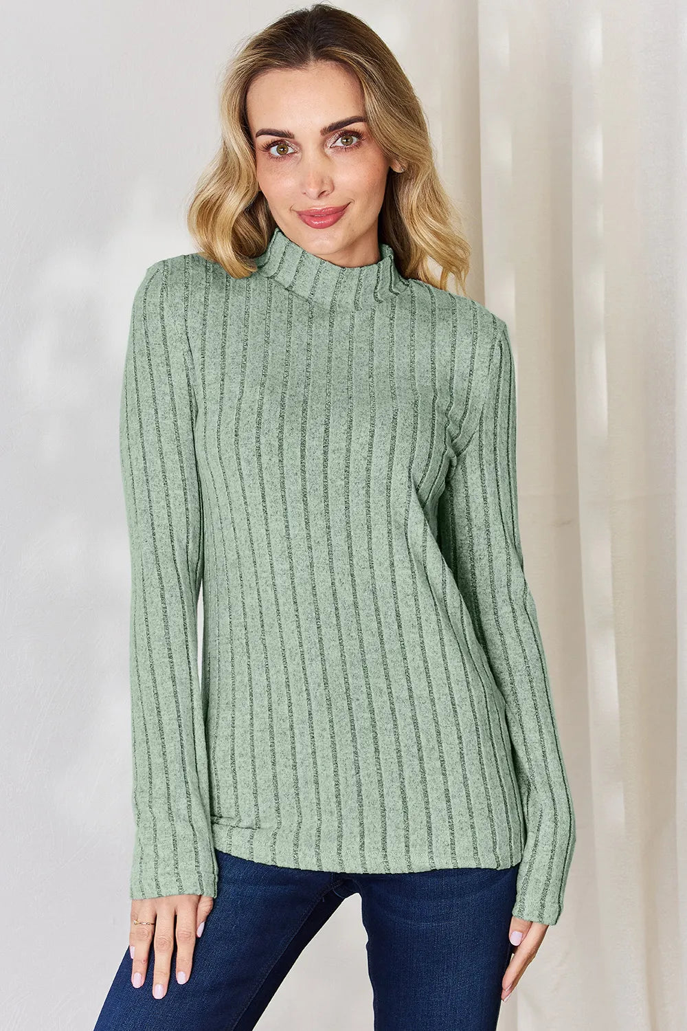 Light Green ribbed mock neck long sleeve tee with wide vertical ribs, front view