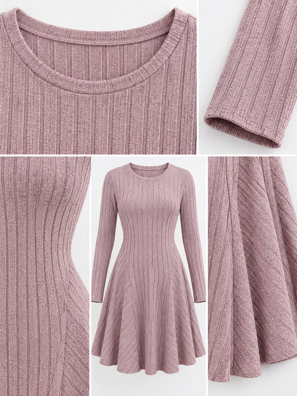 Lotus Color ribbed knit dress laid flat, with close-ups of the round neckline, sleeve cuff, rib fabric and skirt panels