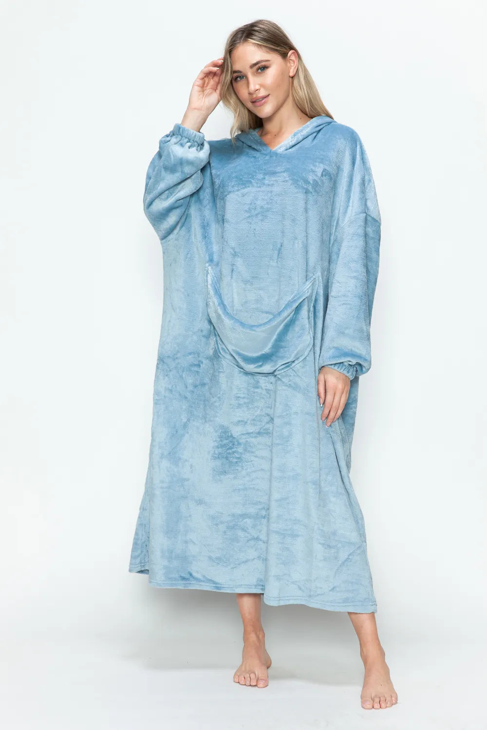 Pastel blue oversized hooded lounge dress, front view