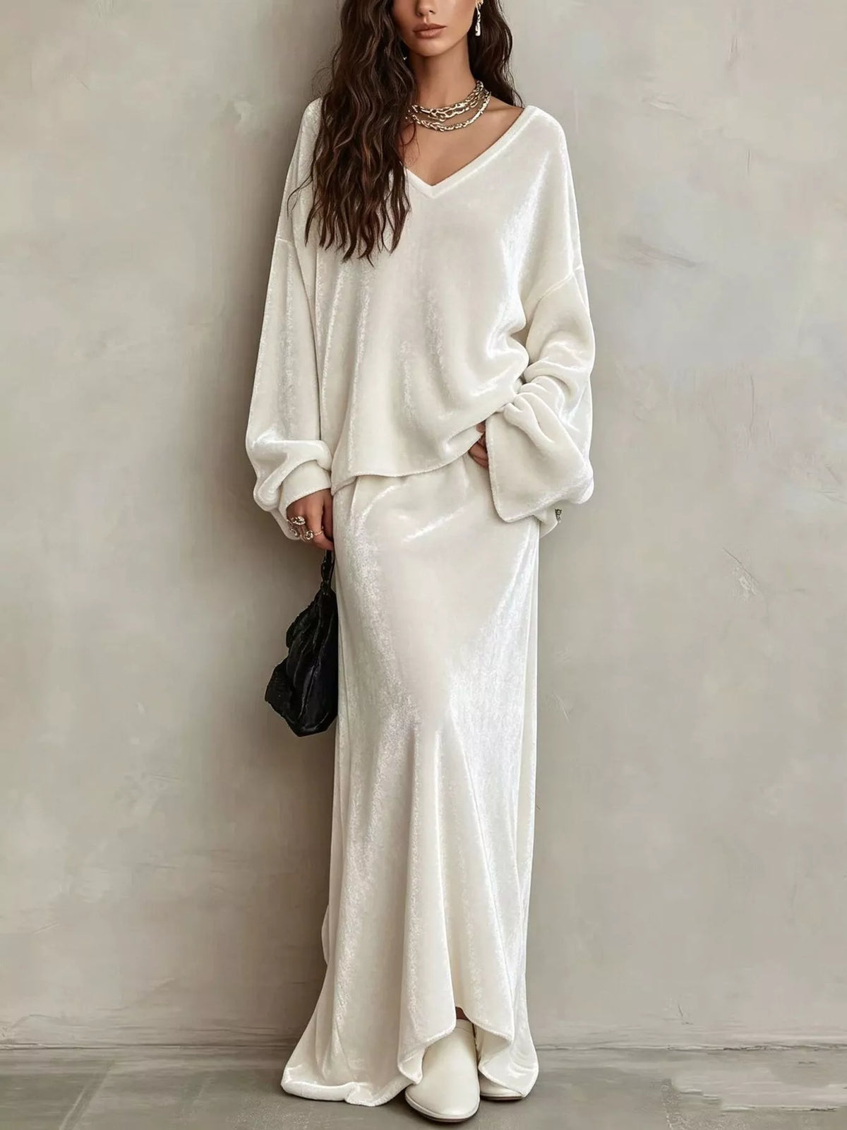 White velvet V-neck long sleeve top and maxi skirt two-piece set, full-length front view