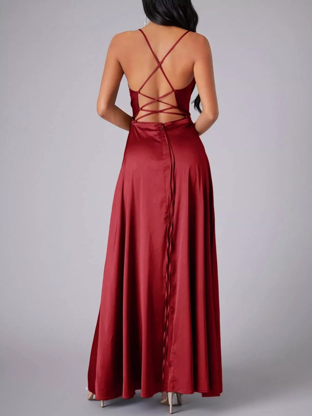 Red glossy cowl-neck maxi dress, straight back view showing the lace-up back and back zip