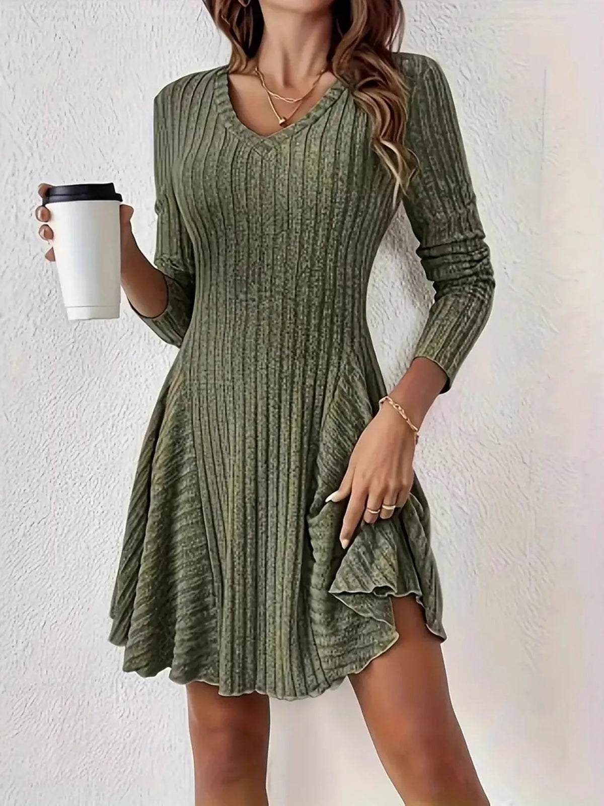Olive ribbed knit long-sleeve flared dress with a V-neckline, front view