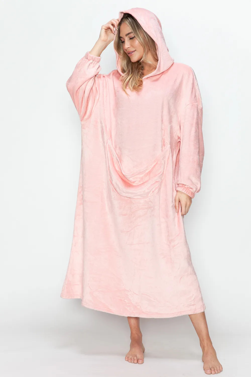 Dusty pink oversized hooded midi lounge dress with pocket, front view
