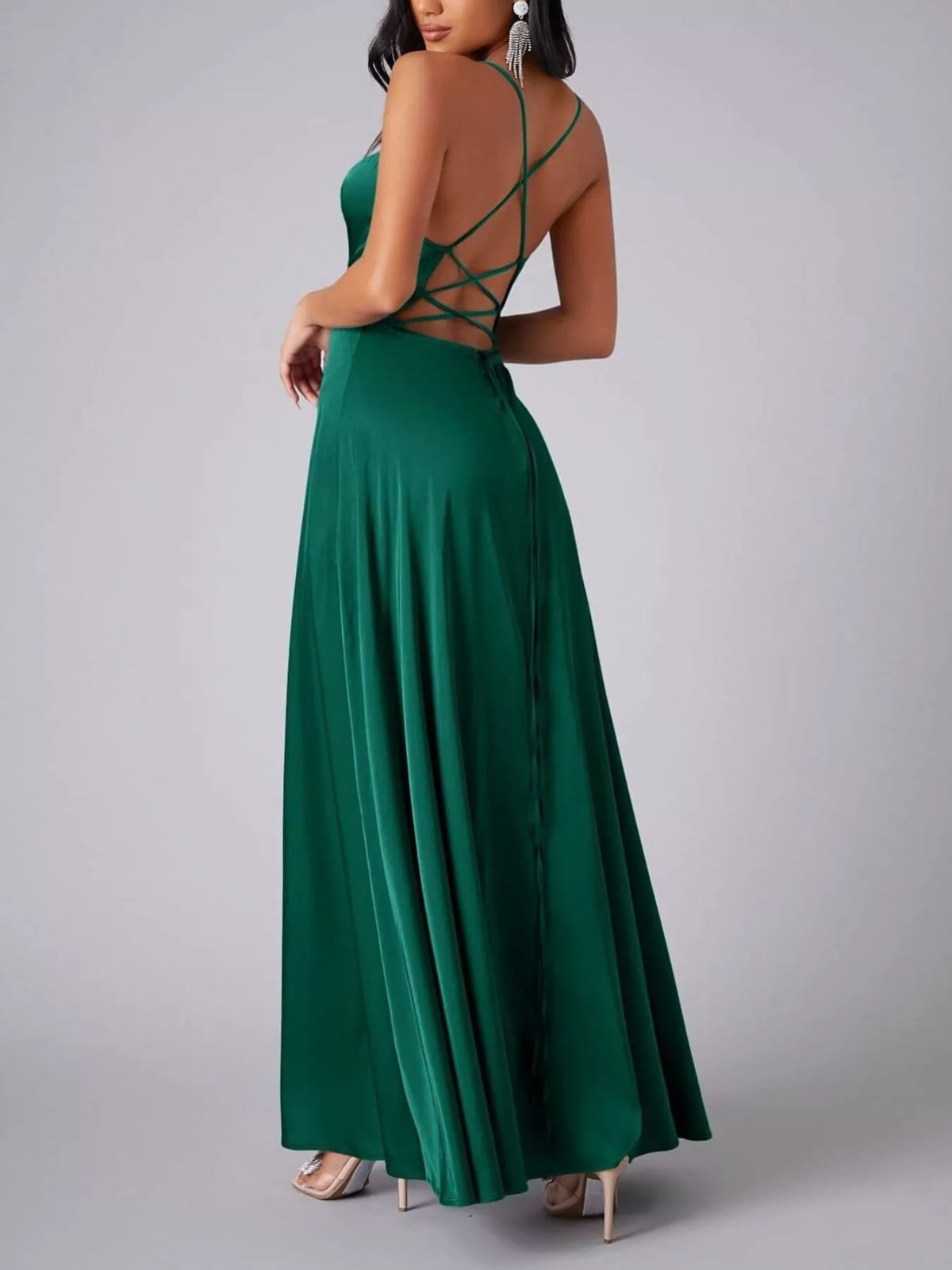 Green glossy cowl-neck maxi dress with crisscross lace-up back, back three-quarter view