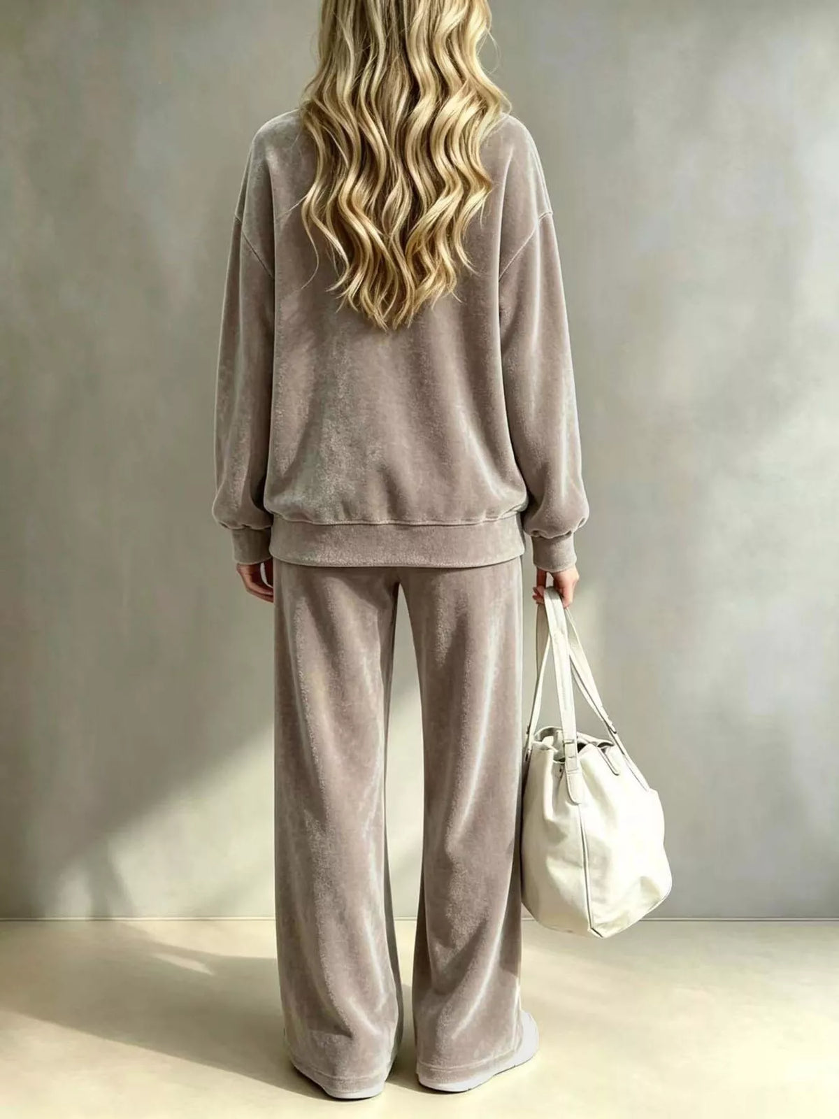 Back view of the khaki velvet top and wide-leg pants set