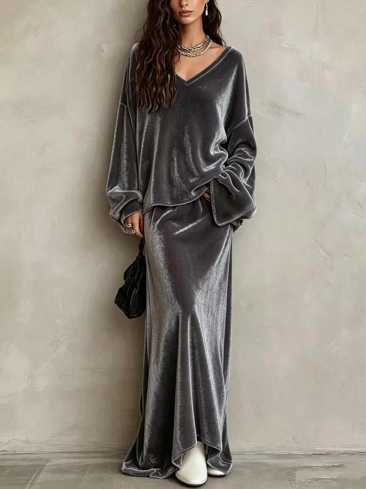 Dark Gray velvet V-neck long sleeve top and maxi skirt two-piece set, full-length front view