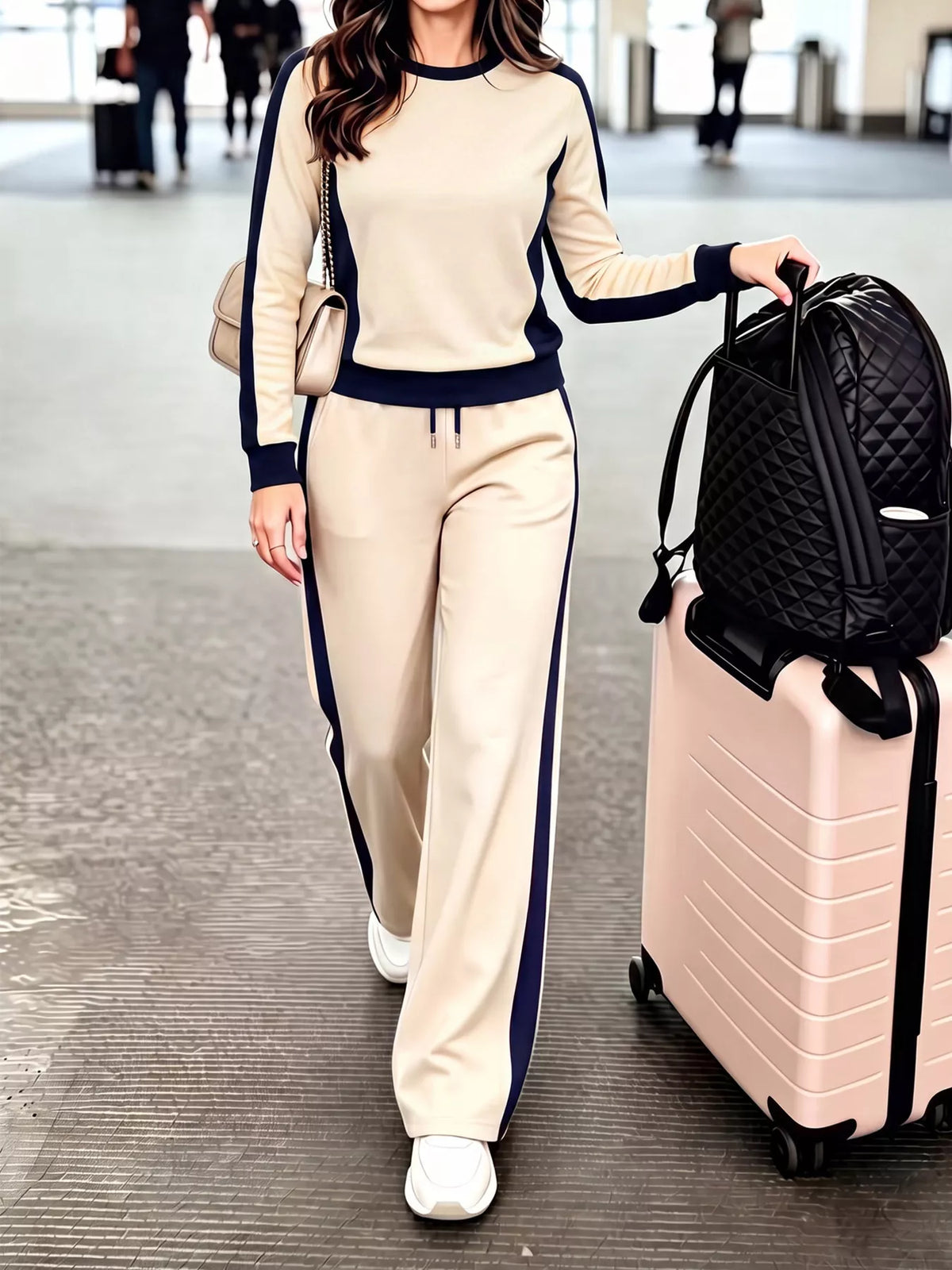 Apricot crew neck top with navy contrast panels and matching wide-leg pants with navy side stripes, front view