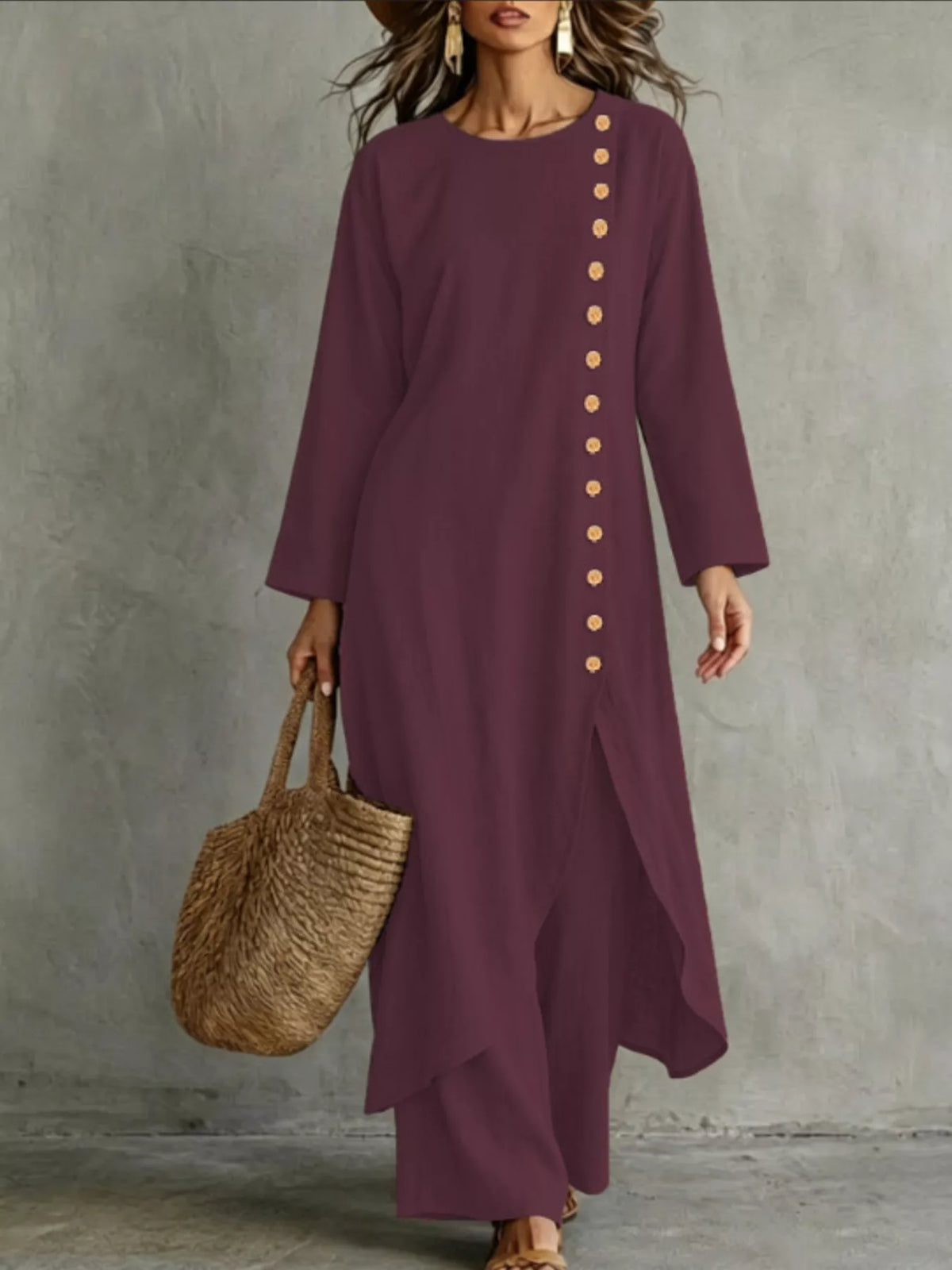 Wine Red longline top in a plum shade with gold-tone side buttons and matching pants, front view
