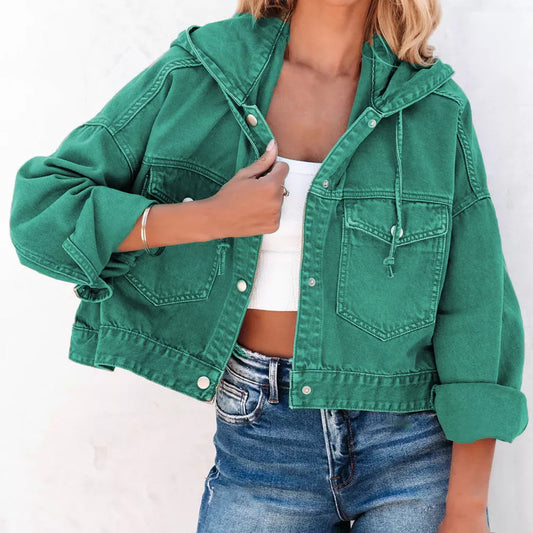 Teal hooded denim jacket, front view with drawstring hood, button front and flap chest pockets