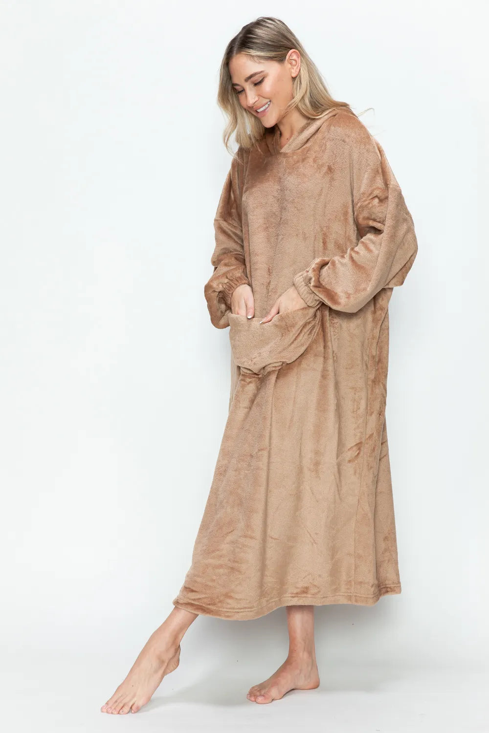 Mocha hooded midi lounge dress, side angle with hand in pocket