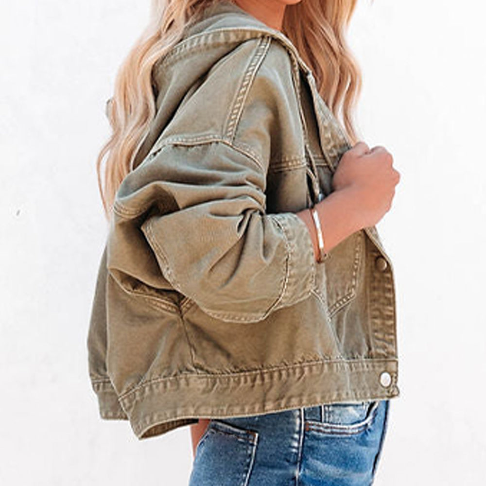 Camel hooded denim jacket, side view showing the sleeve and waistband hem