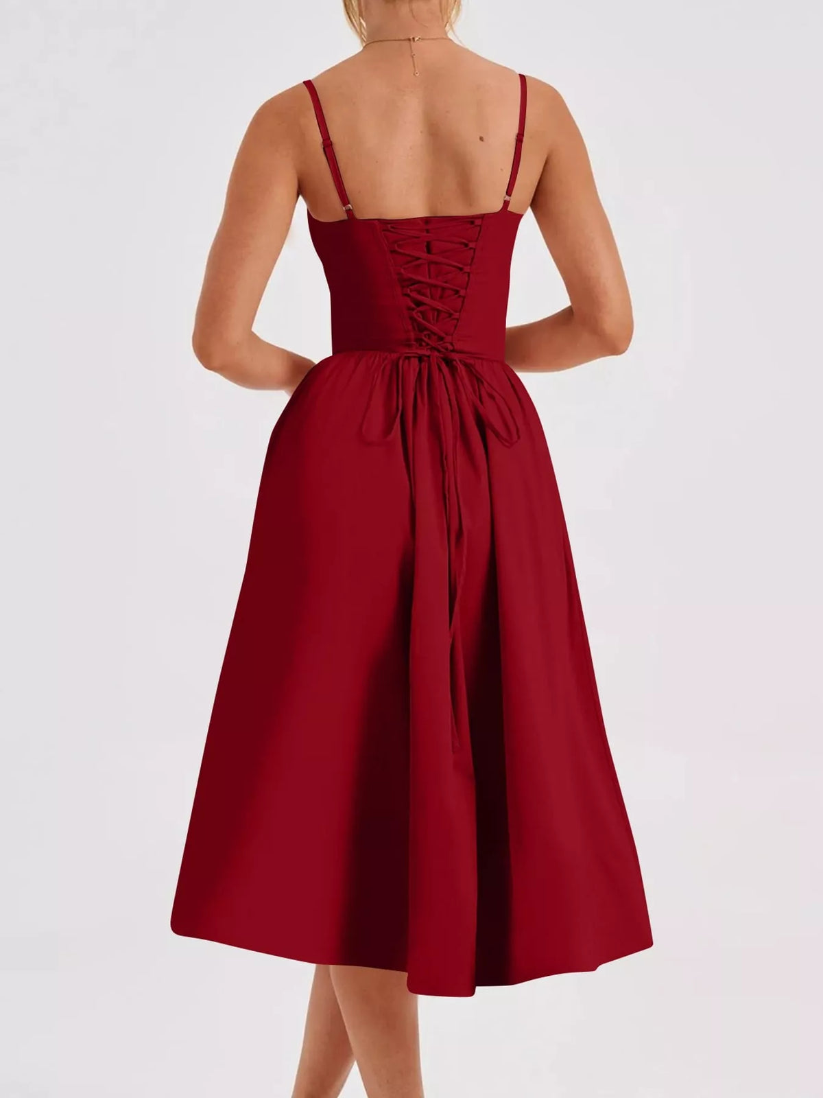 Back view of the Red midi dress with criss-cross lace-up back and long ties