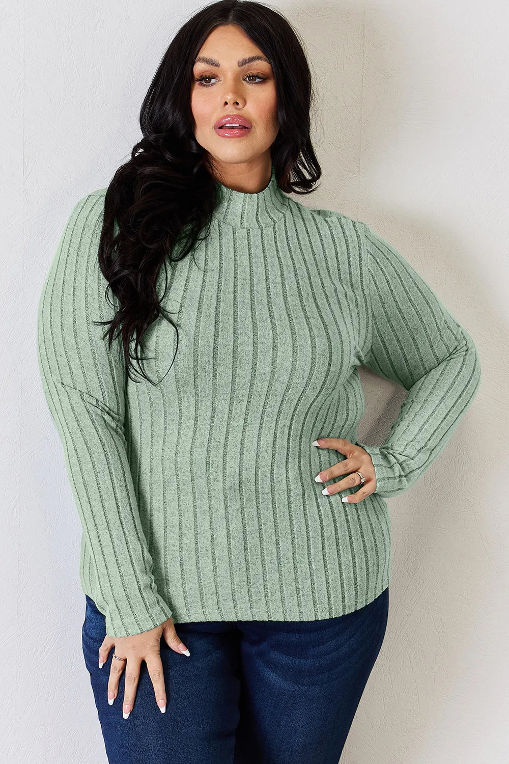 Ribbed mock neck long sleeve tee in Light Green, a pale sage green, front view