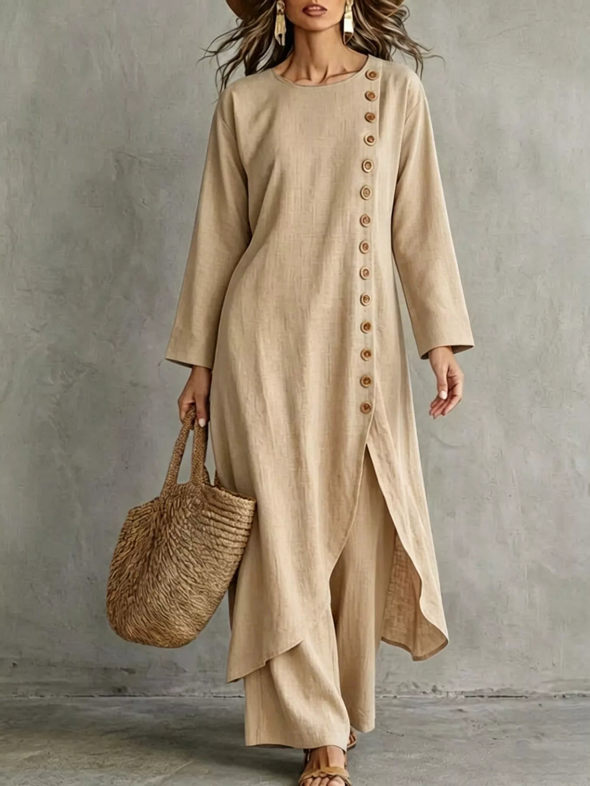 Khaki Color longline top in a light sand shade with side buttons and matching pants, front view