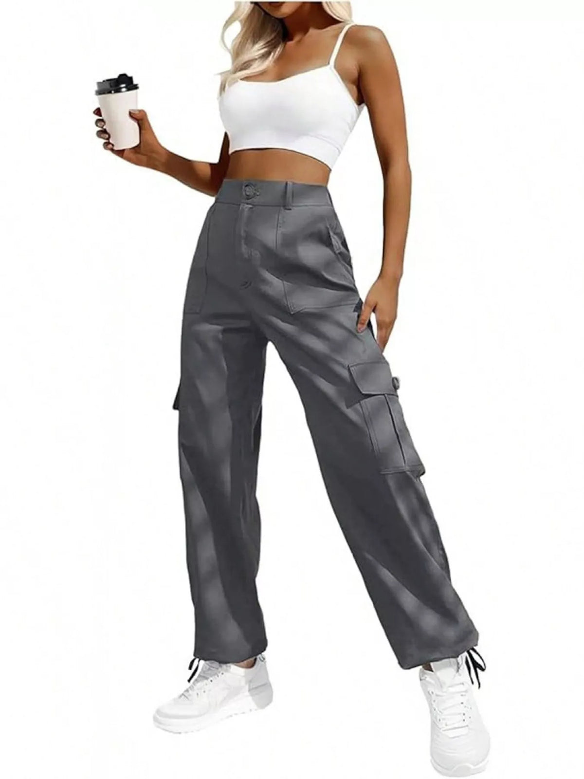 Dark grey cargo pants, front