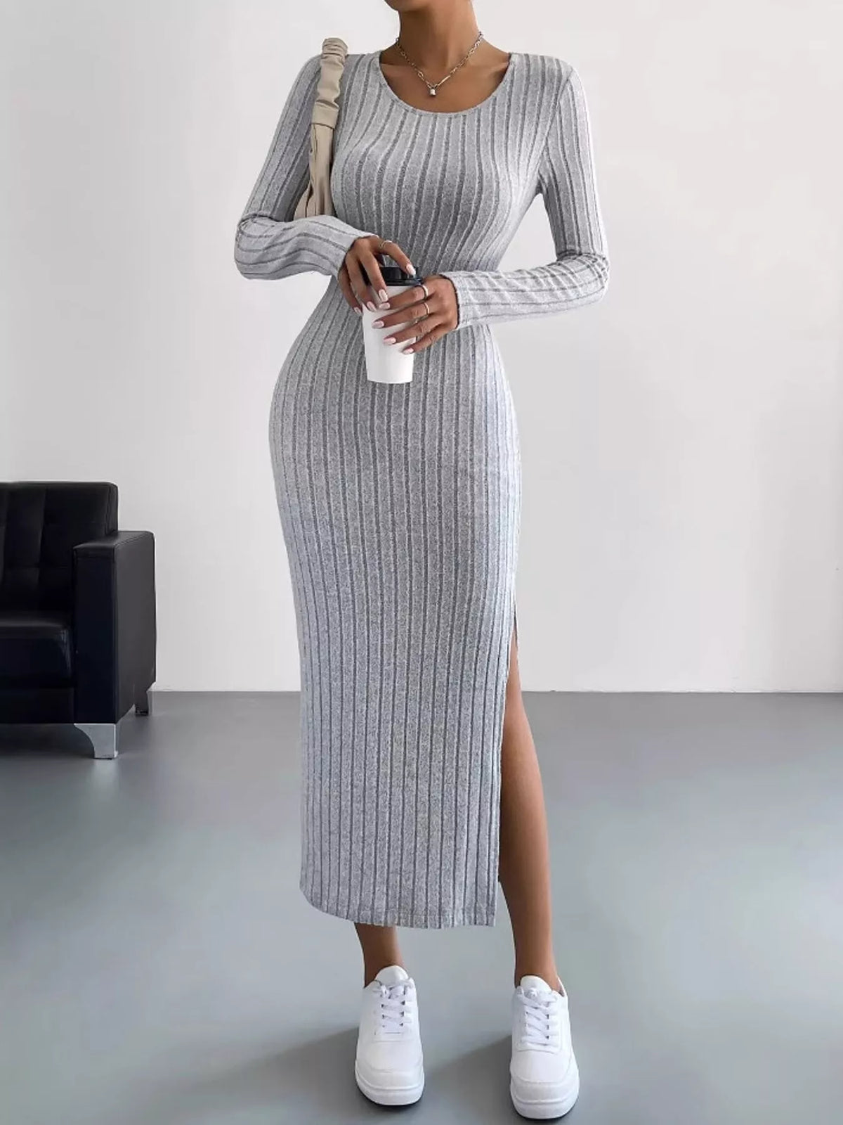 Light Gray ribbed knit long-sleeve midi dress with a high side slit, front view