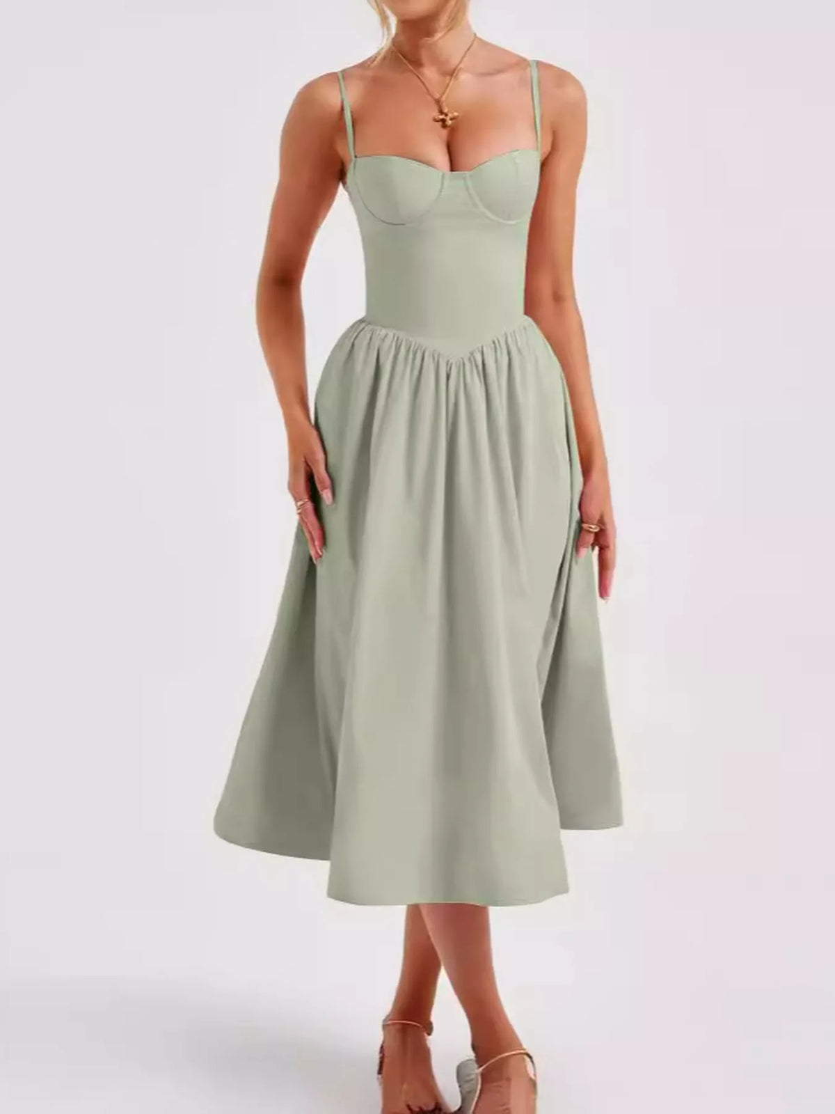 Light Green (a soft grey-green, sage shade) sweetheart-neck midi dress with spaghetti straps, front view