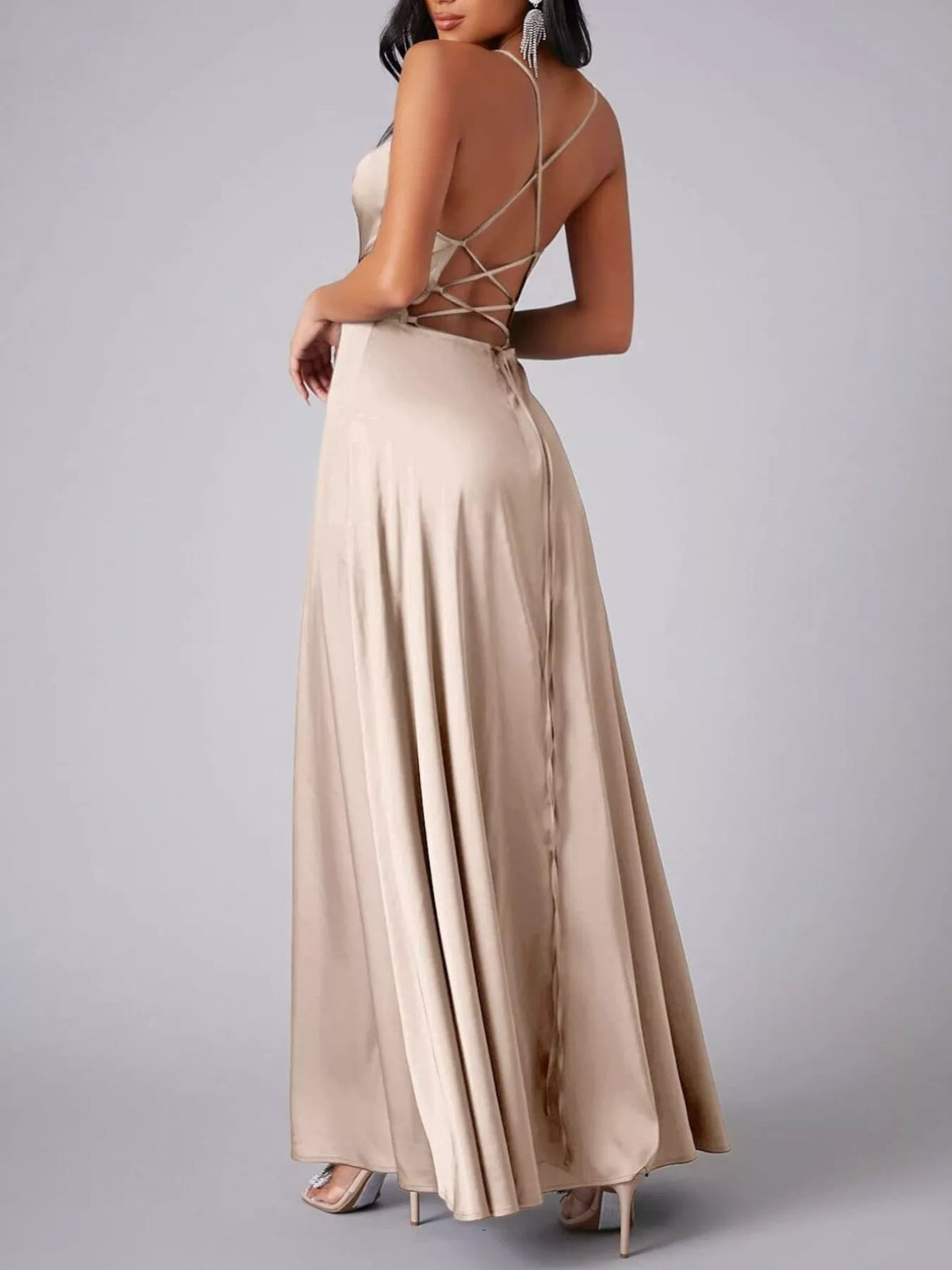 Khaki glossy cowl-neck maxi dress with crisscross lace-up back, back three-quarter view