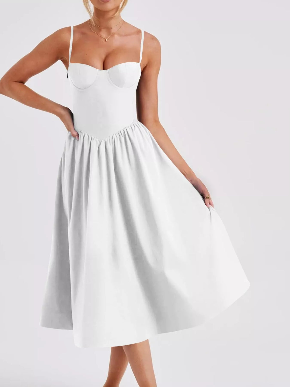 White sweetheart-neck midi dress with spaghetti straps, fitted bodice and full gathered skirt, front view